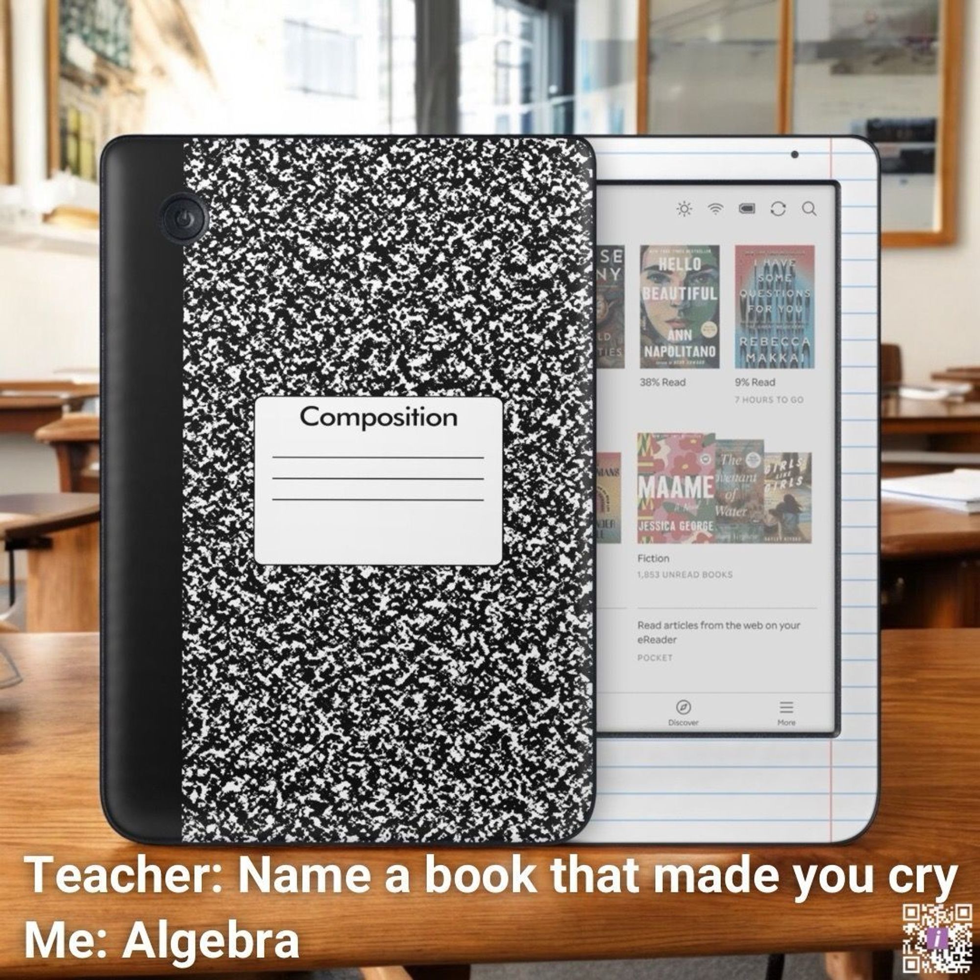 Kobo Clara Color styled to look like a notebook in a classroom