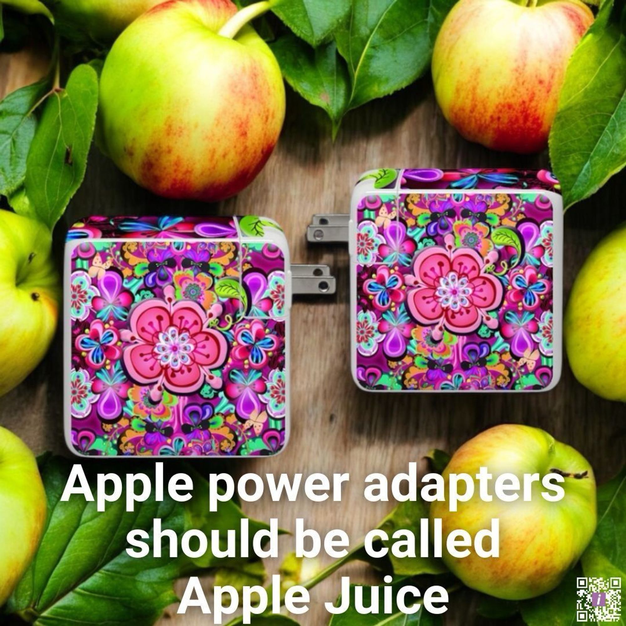 Apple 96W USB-C Power Adapter styled with a colorful flowery design