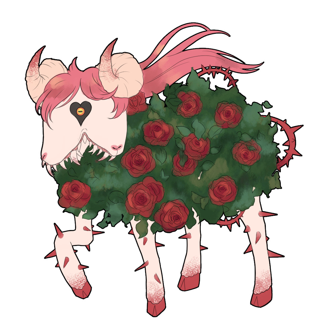 A monstrous sheep with a single heart-shaped eye, it's wool replaced with leaves and roses with thorny vines, pink hooves and long pink hair.