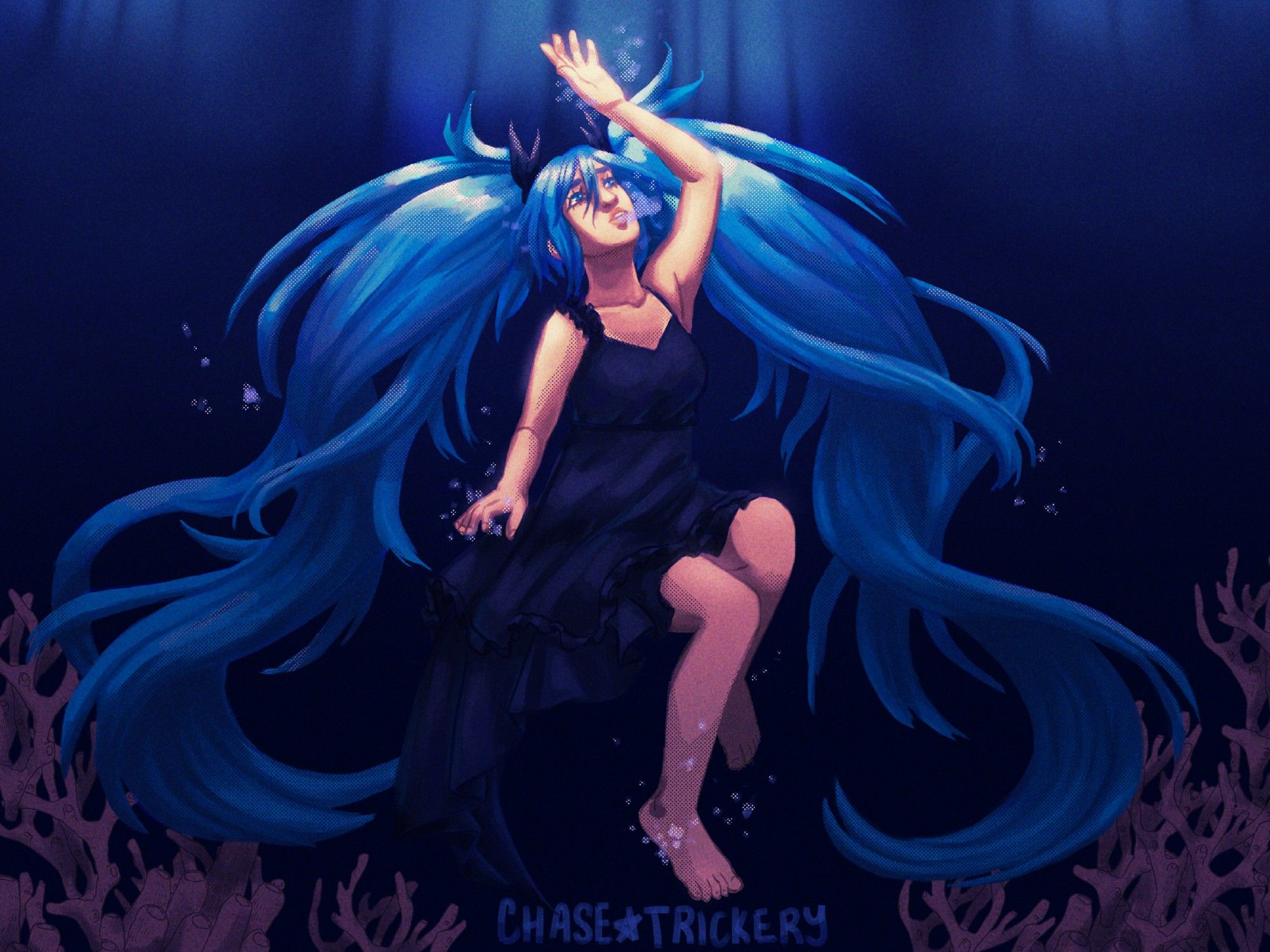 a digital drawing of hatsune miku underwater, she has long blue pigtails and a black ruffled dress and is reaching up toward light, near the bottom of the image there is coral