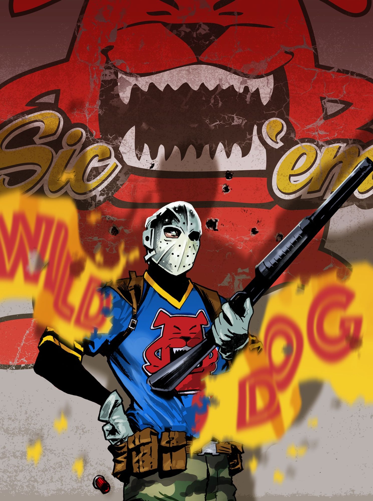 DC vigilante character Wild Dog stands reloading a shotgun in front of a wall with the Red Dog mascot he wears on his jersey. A torn banner that says “Wild Dog” floats in front of him.