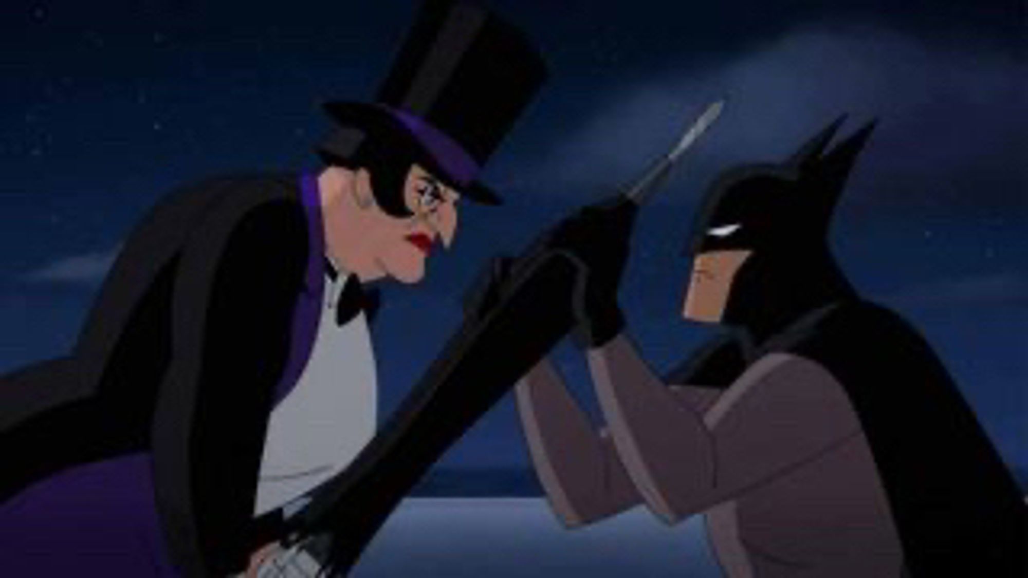 A still from Batman: Caped Crusader featuring The Penguin - voiced by Minnie Driver - fighting Batman, and I bet your brain can’t process that or is that just a Me problem?