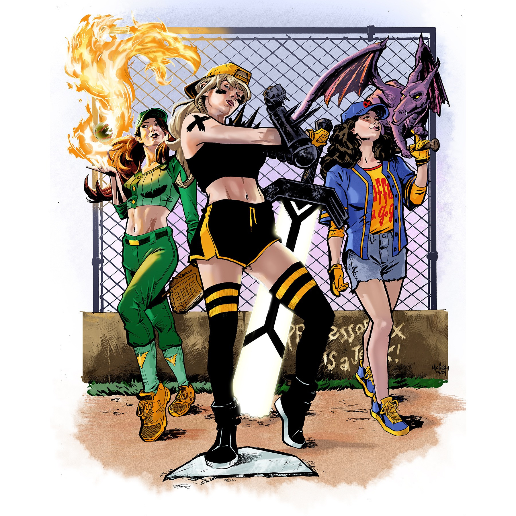 Color version of Jean Grey, Illyana Rasputin and Kitty Pryde (with Lockheed) preparing for one of those classic X-Men baseball games