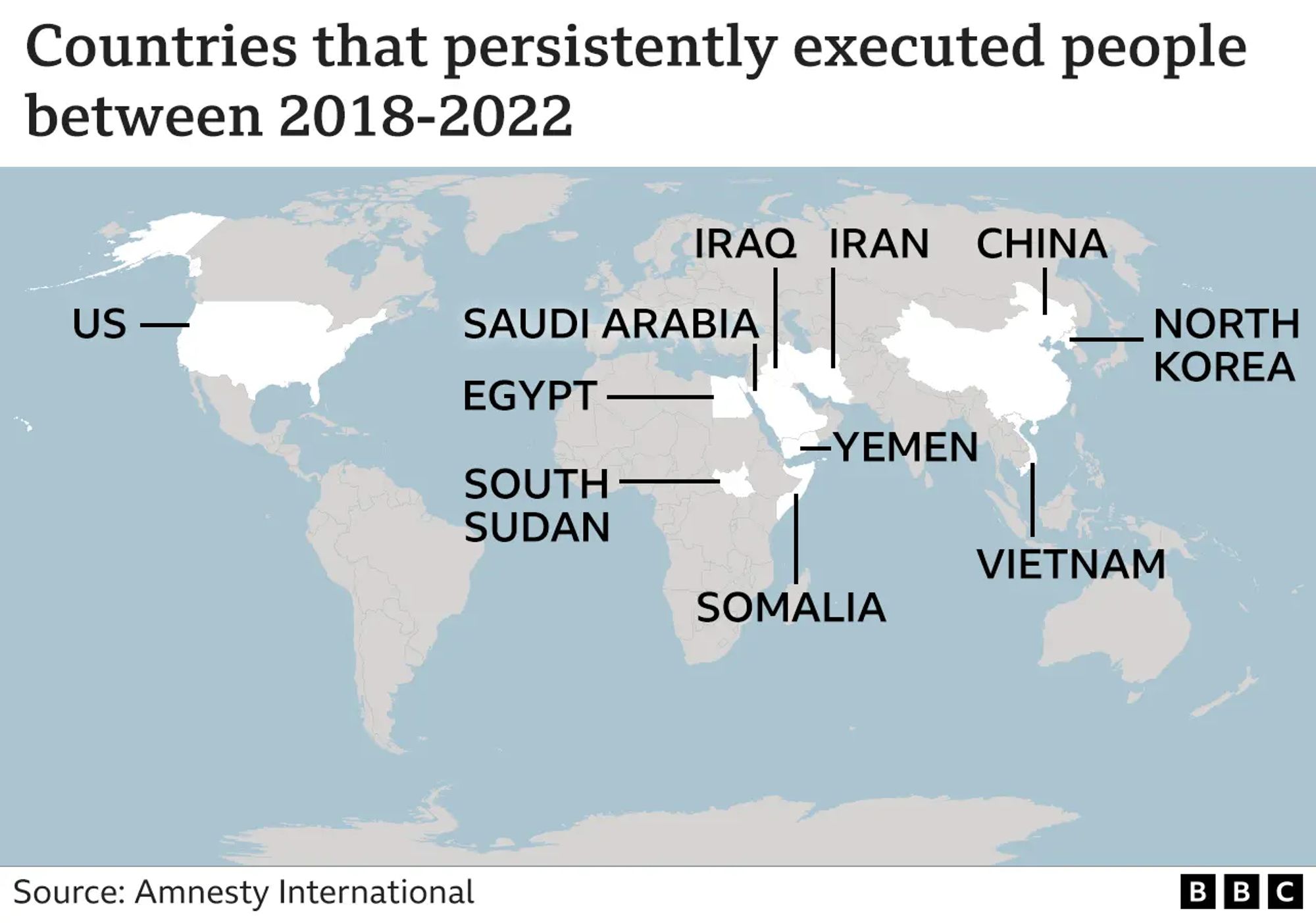 A map of countries most active in capital punishment, including North Korea, Saudi Arabia, Iran, and the US.