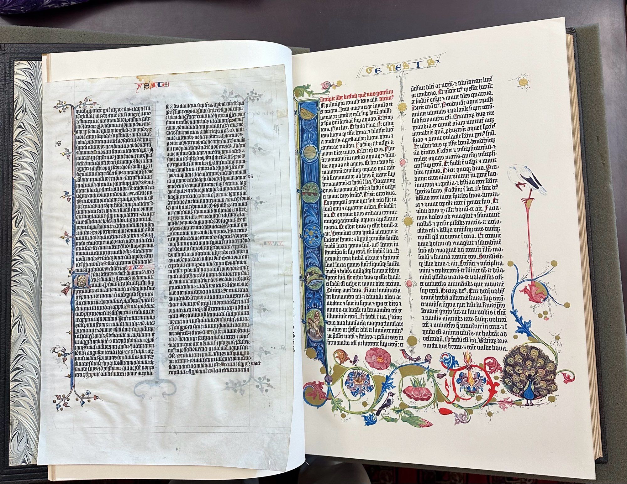 Medieval bible leaf next to a Gutenberg Bible leaf facsimile