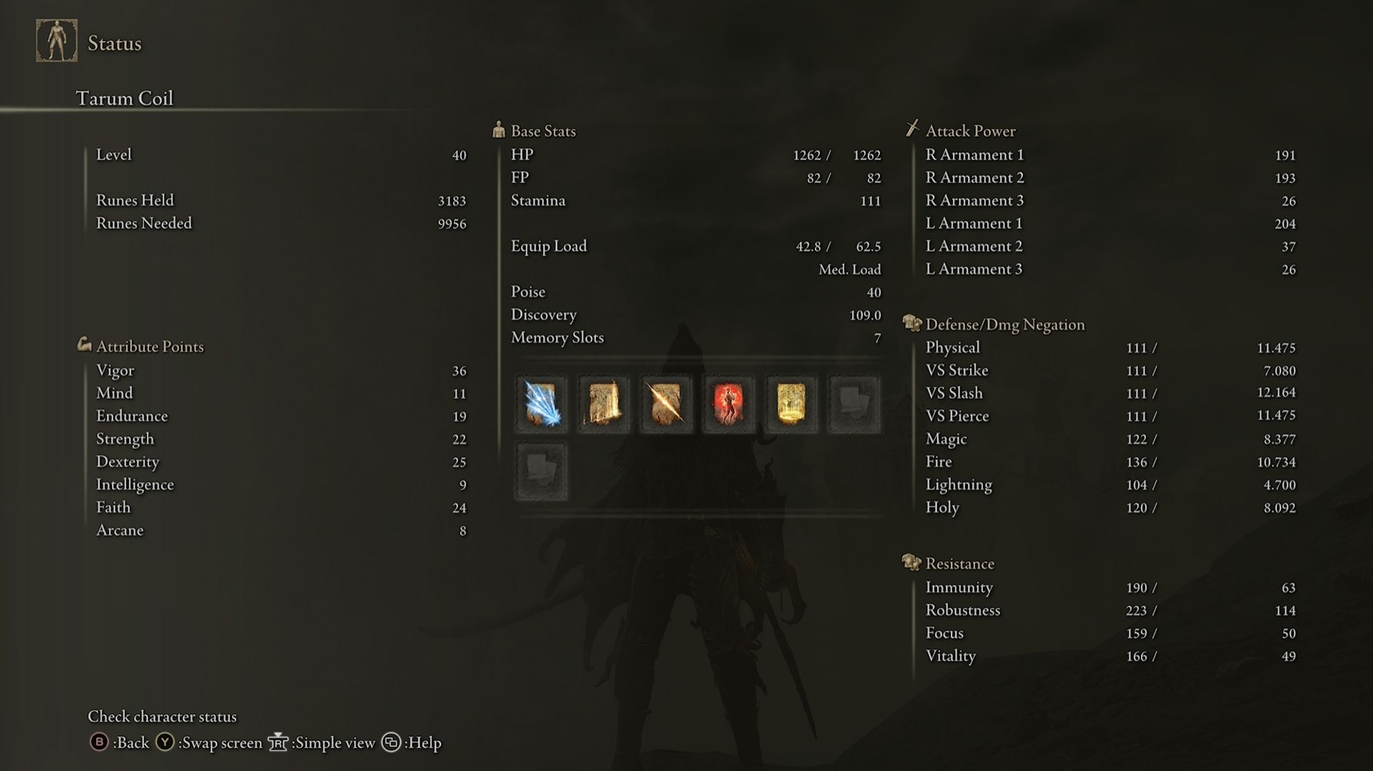 Stats and spells for Tarum Coil, lvl 40 Elden Ring invader. Old Man Samurai. Notice the terrible defensive stats because of the Radagon Soreseal