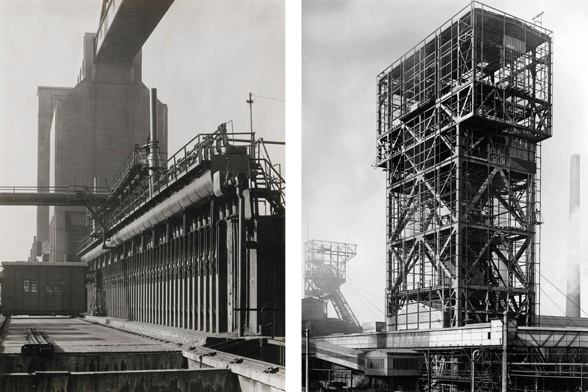 Dramatic b&w photographs of massive industrial structures.