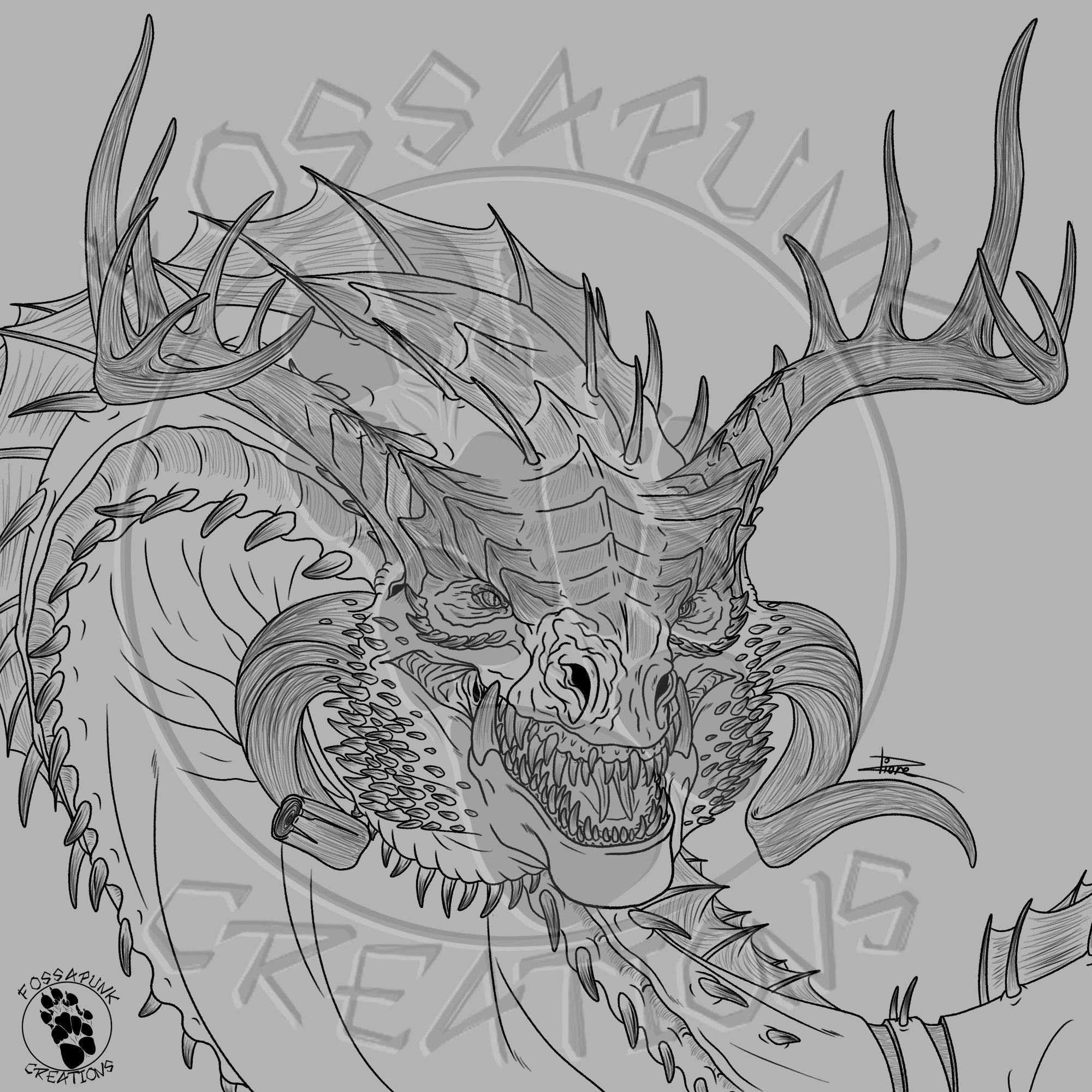 Lineart of a huge dragon. The body is armoured with plates and spikes, two rows of spiked fin like structures run from the back of the head down along the back of the neck. Two deer like antlers ornate the top of the head while two ram like horns grow from the bottom of the maxilar bone, the right horn missing the tip. The expression on the dragon face is ferocious, snarling and showing the various rows of sharp teeth almost randomly lodged into the gums.