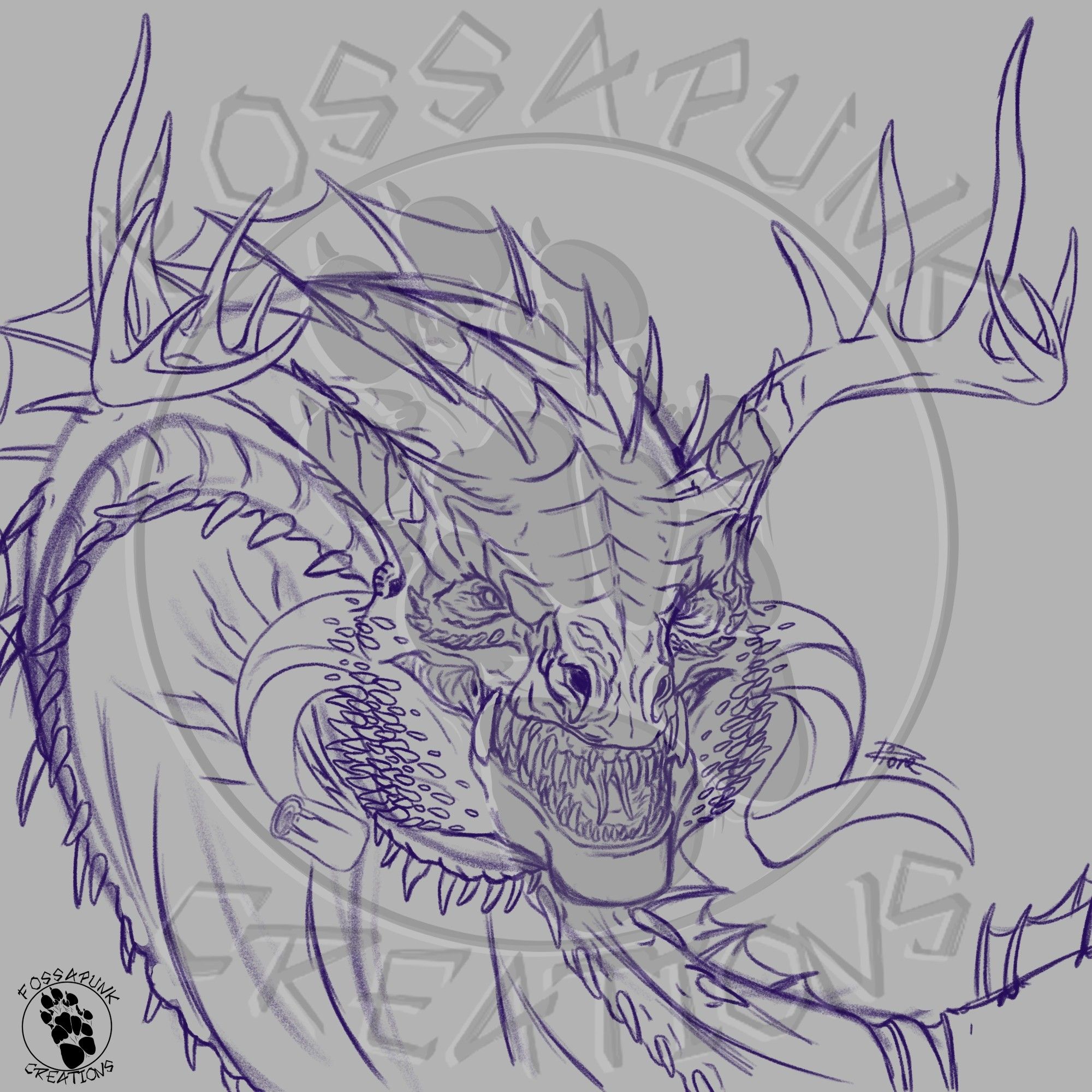 Sketch of a huge dragon. The body is armoured with plates and spikes, two rows of spiked fin like structures run from the back of the head down along the back of the neck. Two deer like antlers ornate the top of the head while two ram like horns grow from the bottom of the maxilar bone, the right horn missing the tip. The expression on the dragon face is ferocious, snarling and showing the various rows of sharp teeth almost randomly lodged into the gums.