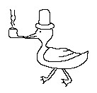 A pixelated Paint doodle of a duck wearing a top hat and smoking a pipe.