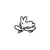 A rough pixelated doodle of a bunny on a skateboard.