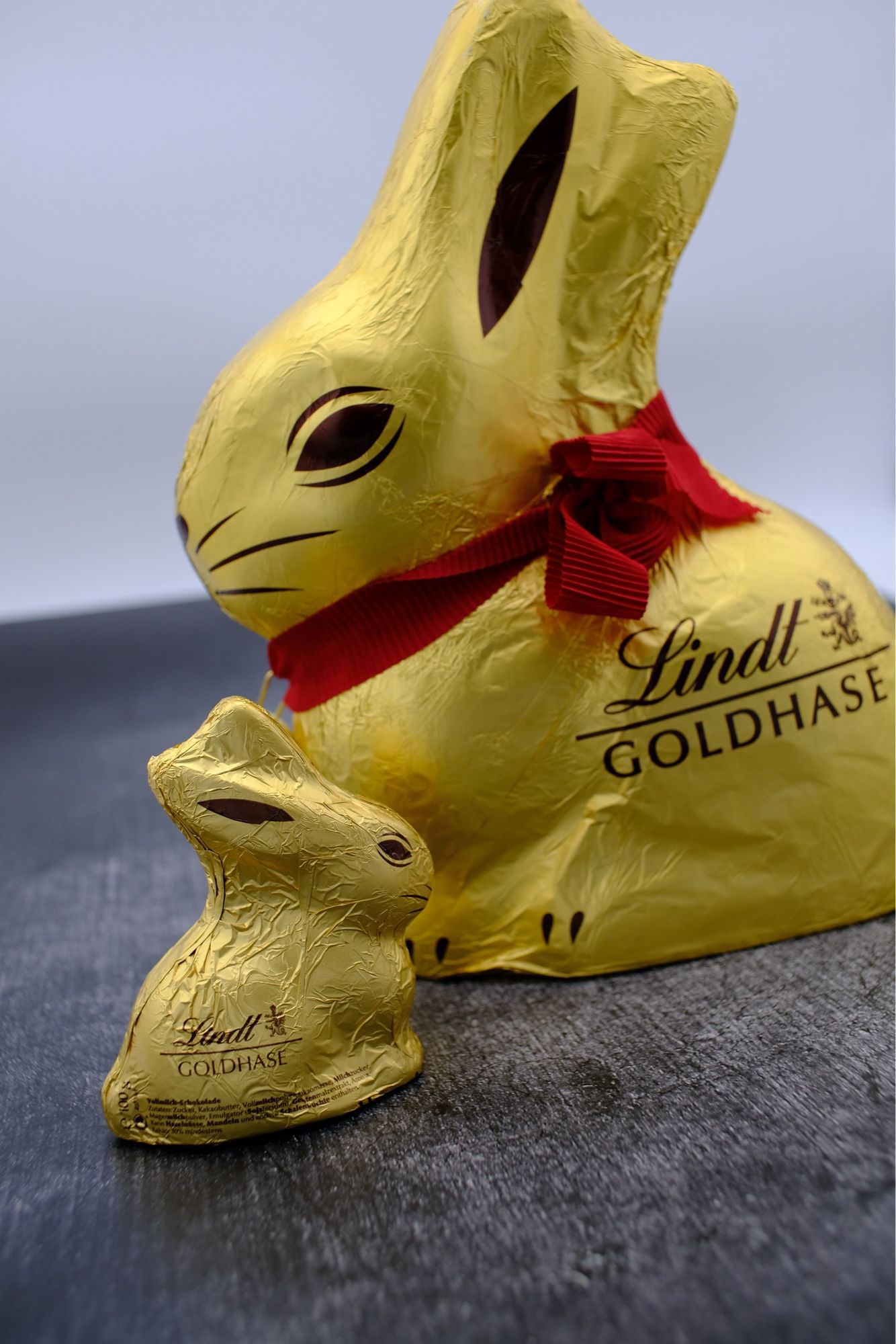 Lindt Easter Bunny 100gr and 1kg face to face