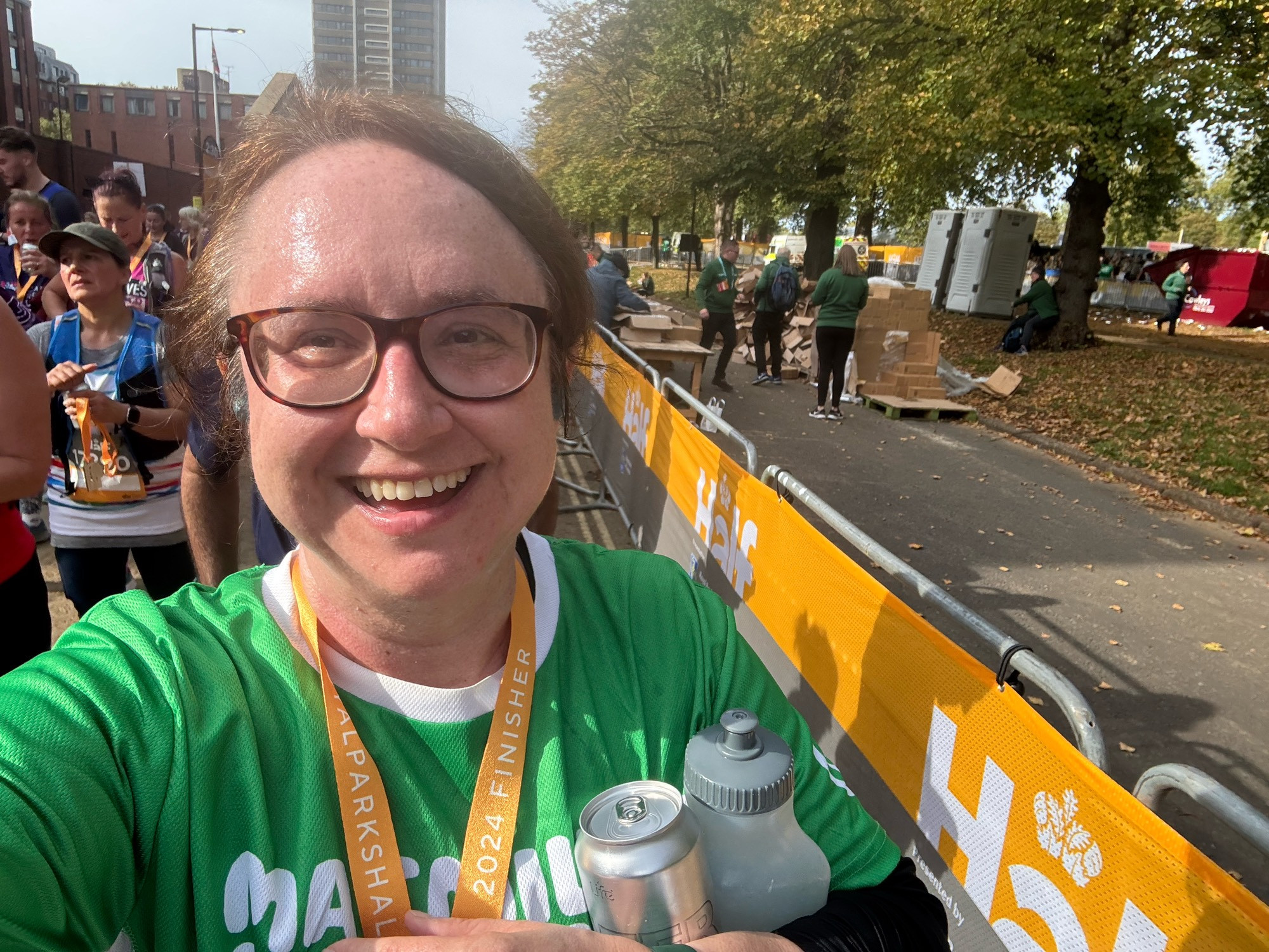 My happy but red face clashing with my green Macmillan top and gold finisher’s medal