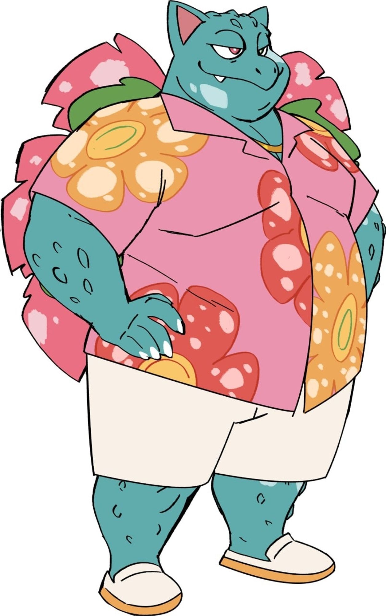 Venusaur anthro, green frog like creature with a flower on its back. Wearing a Hawaiian shirt, Bermuda shorts, golf chain, and comfy shoes.