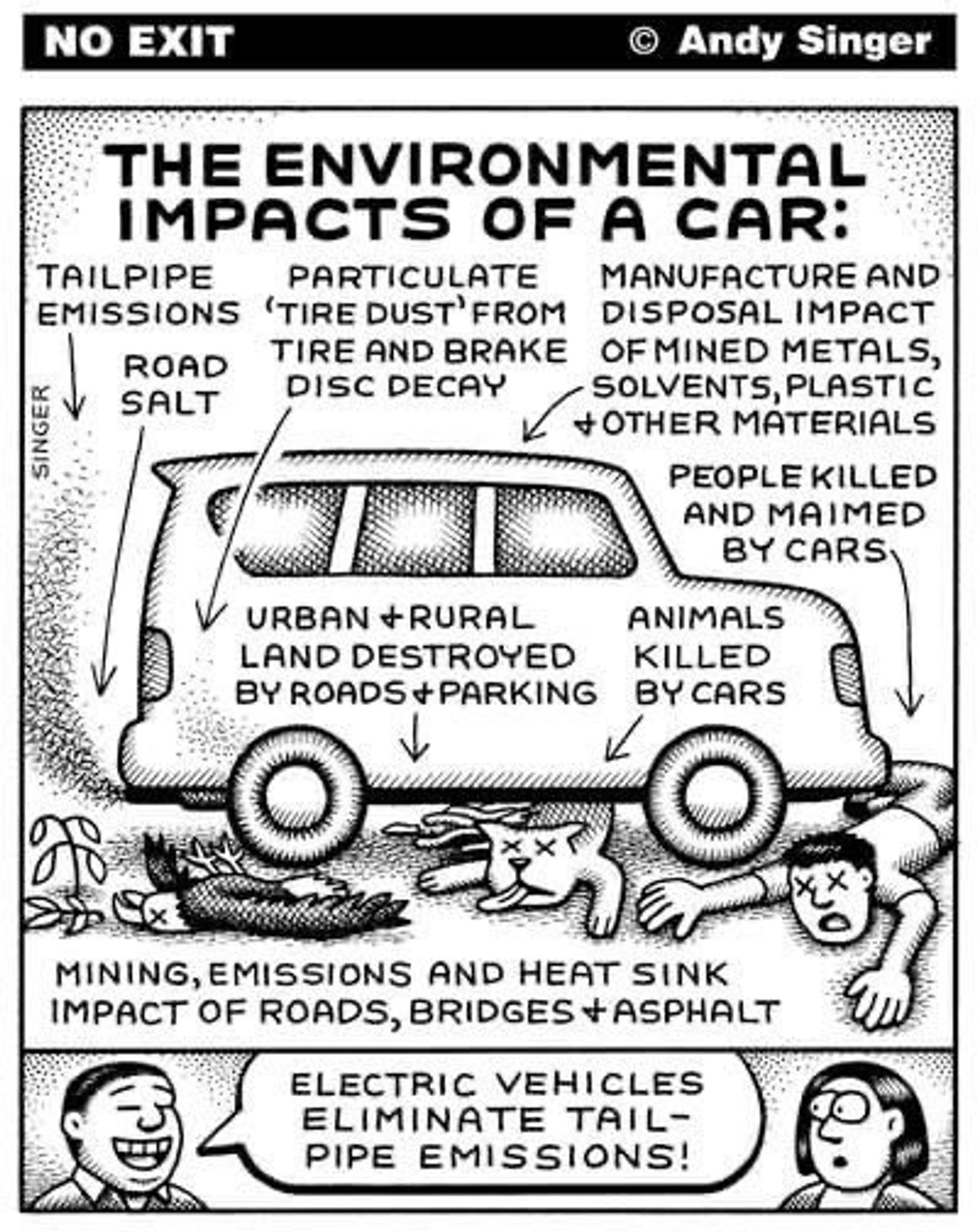 Comic explaining cars have many problems. Second part of the comic is a guy telling: electric vehicles elimimate tailpipe emissions