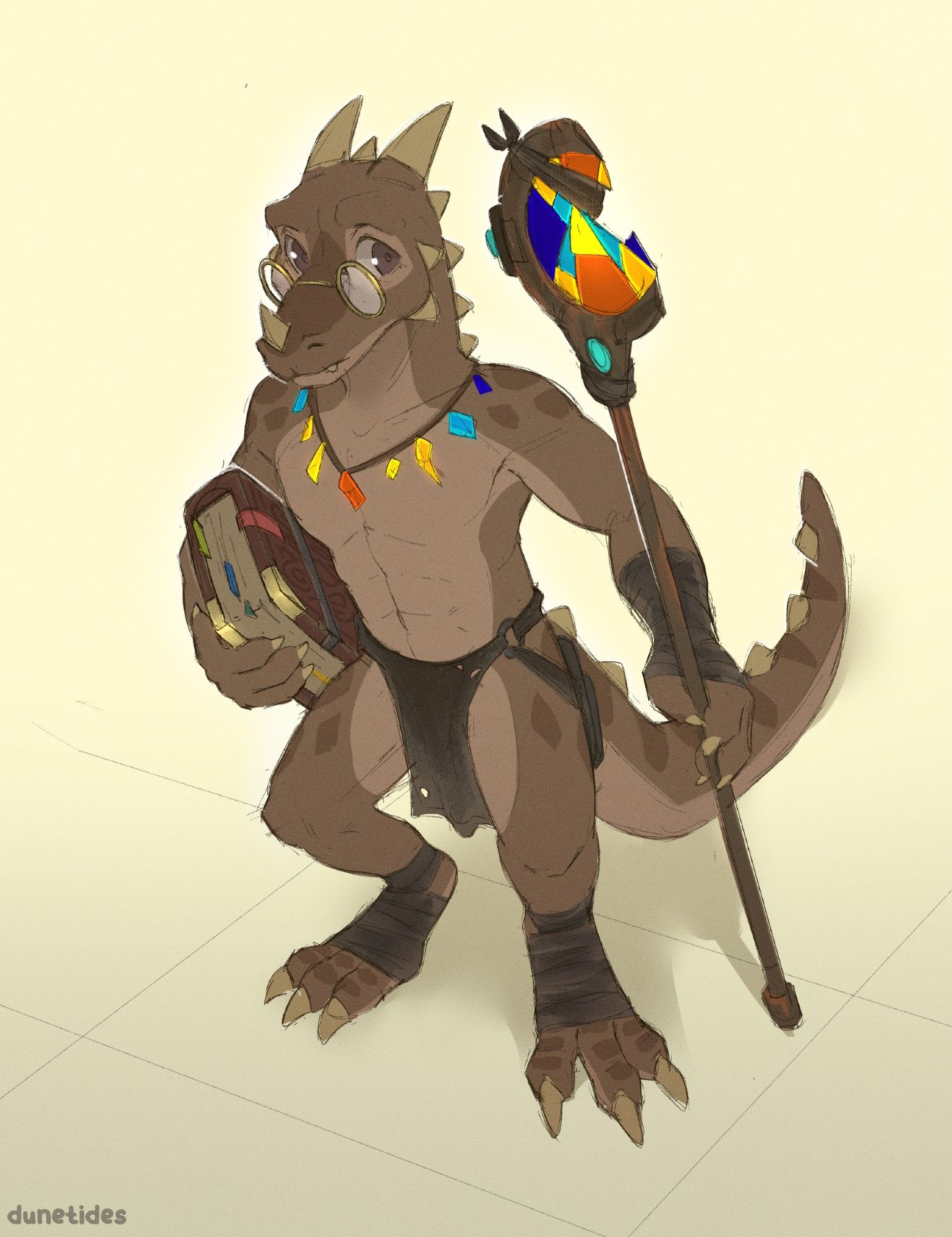 Tesk, a little kobold. he's wearing a grungy, weathered loincloth and some arm/leg wraps. He's holding a book with his right hand, and a staff on his left.

The staff he's holding has stained glass, a chunk of it is missing and shattered, held together poorly by a piece of cloth.

He's also wearing shards of stained glass on his neck.