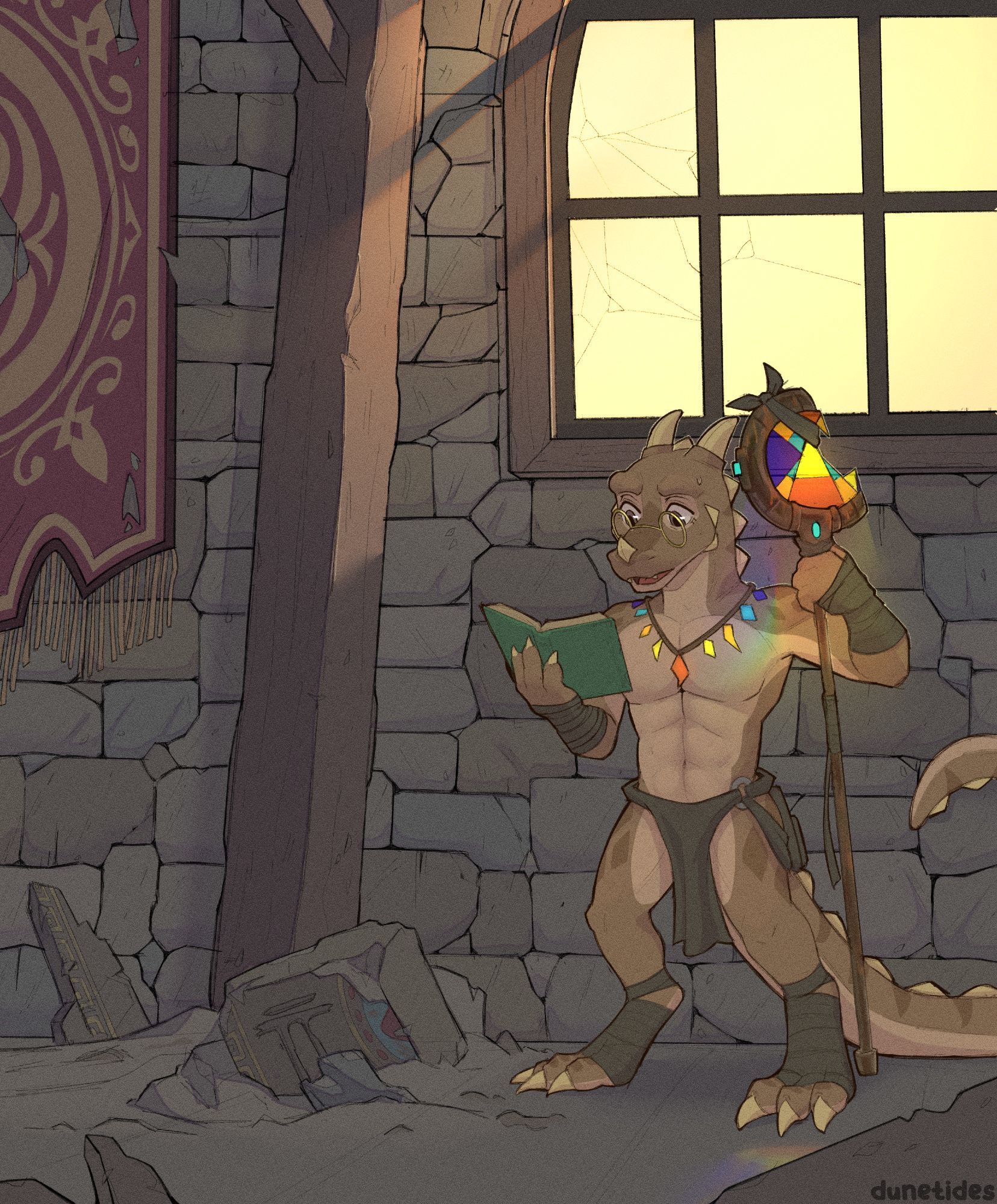 A kobold (Tesk!) in some sort of ruins. There's a tattered red banner to the top left corner, and a cracked window on the top right.

On the bottom right is Tesk, clutching at his staff and reading a book, it seems to be... quite something happening in the middle of the book. (It's an intriguing book!)

On the floor, there's a bunch of debris with weathered color, one of them has a draconic letter.

Tesk's staff is also reflecting the stained glass colors on the floor!