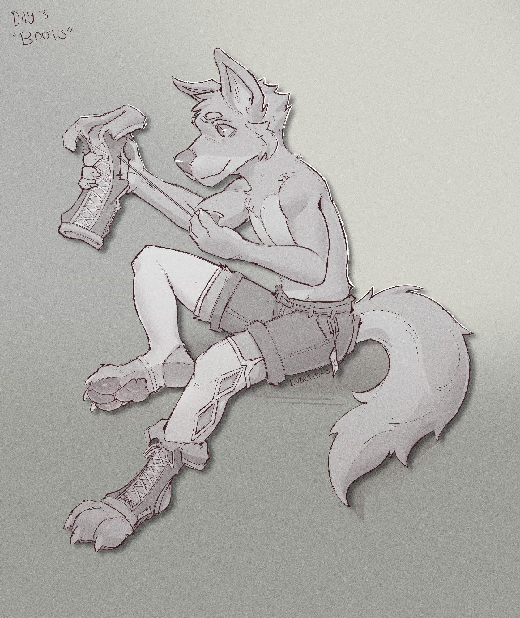 An anthropormorphic canine sewing a boot! He seems very focused an dhappy doing it, he'll be on his way as soon as he gets this down.