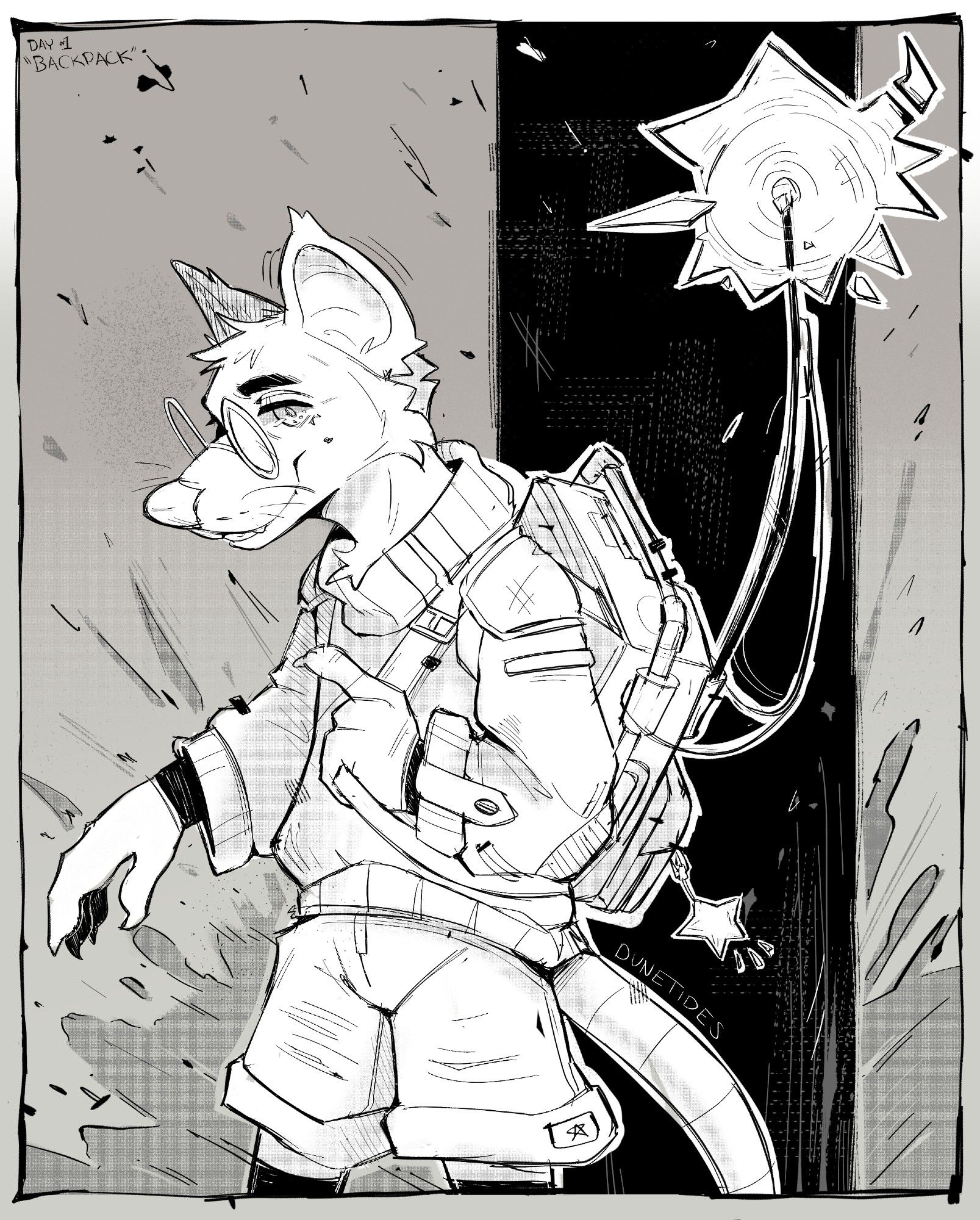 B&W comic-y mouse guy with a backpack, there seems to be quite the explosion behind him!

He's grinning a bit at the viewer! :3

On the top left corner, it reads: "Day #1 Backpack"