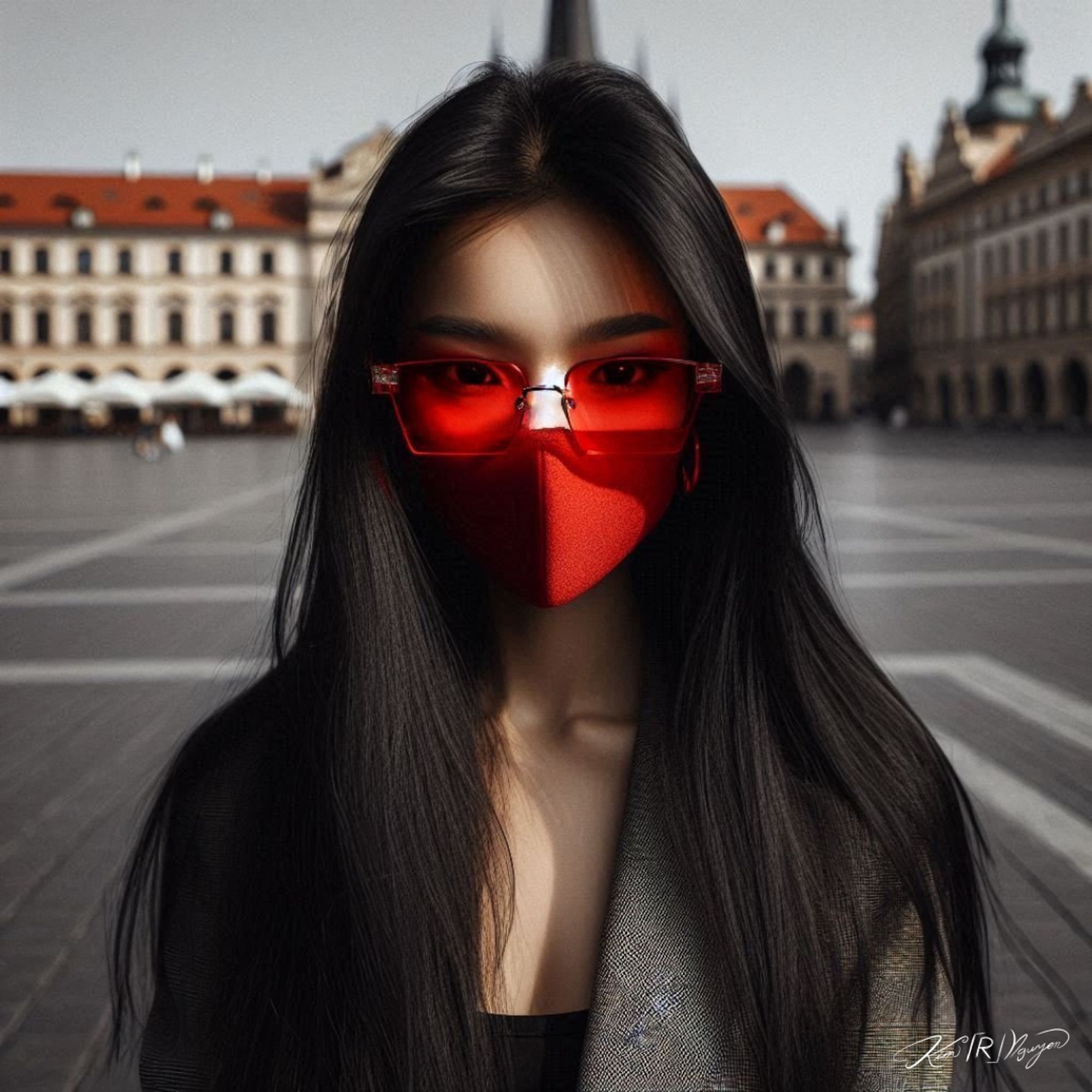 portrait of a young woman standing in an empty town square, with a historic European building in the background. She is wearing a vibrant red mask and red-tinted glasses that stand out against her long black hair and the muted colors of the surroundings. The contrast between her bold accessories and the calm, neutral background creates a striking visual effect