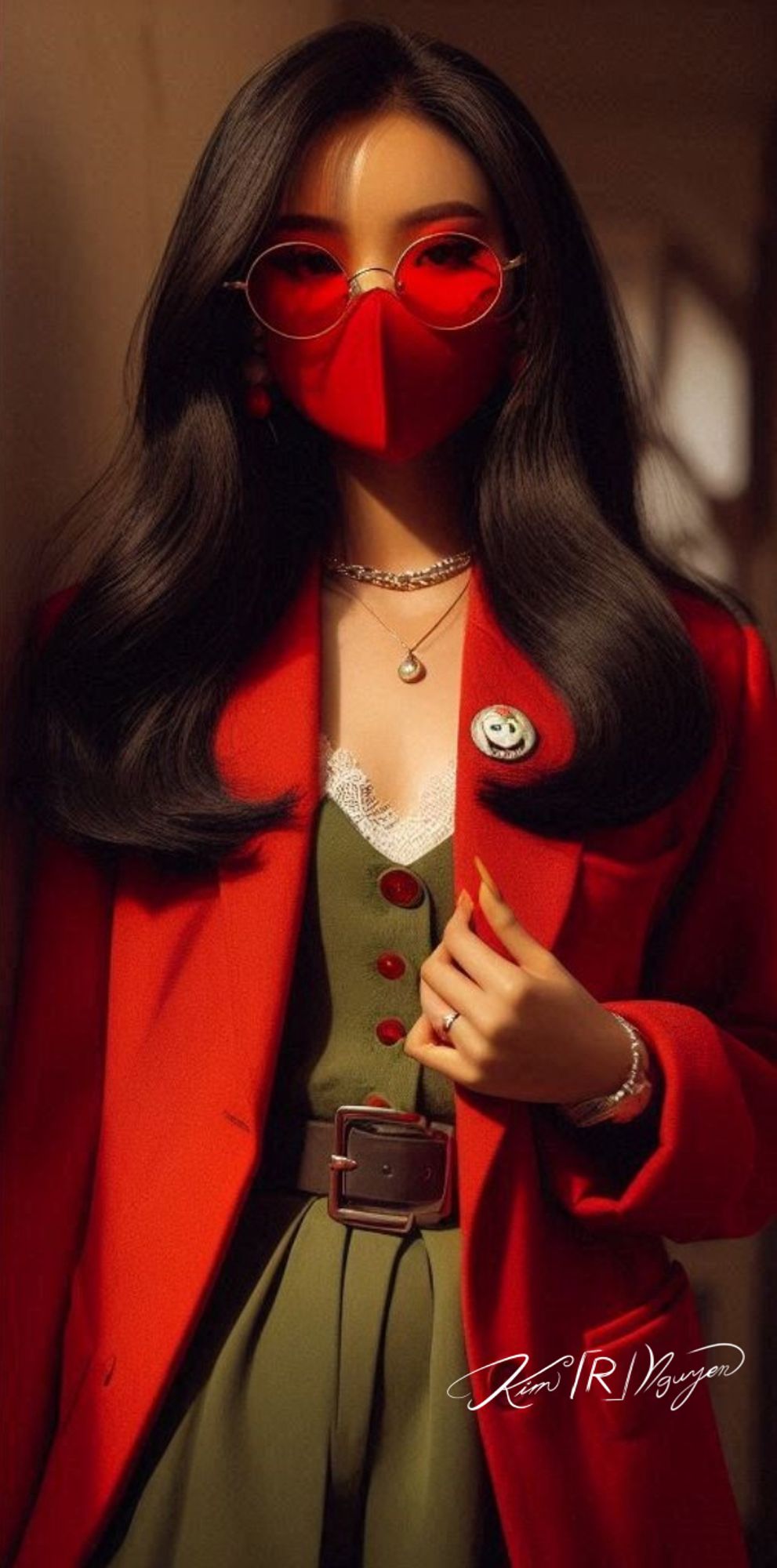 A young woman with long black hair, wearing a red coat over a green dress. She accessorizes with red sunglasses, a red mask, and a necklace. Her outfit is stylishly vintage, with a bold combination of red and green. The photo captures her from the waist up in a hallway, evoking confidence and grace.