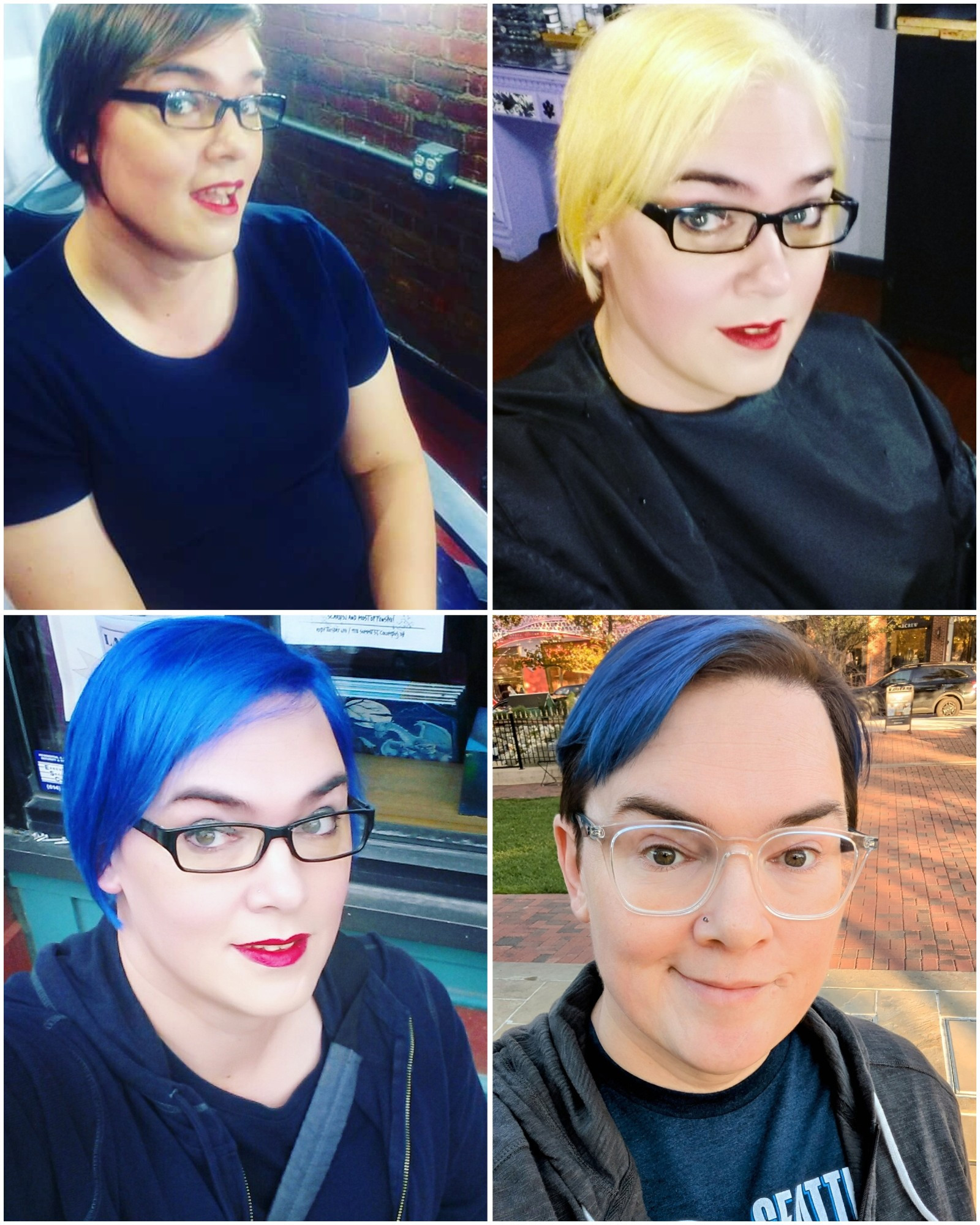 Four panels. Top left is a trans girl with dark hair and glasses. In the top right her hair is bleached blonde. In the bottom left it is bright cobalt blue. In the bottom right now she's non-binary and presenting less fem with shorter hair that is blue with dark roots. 