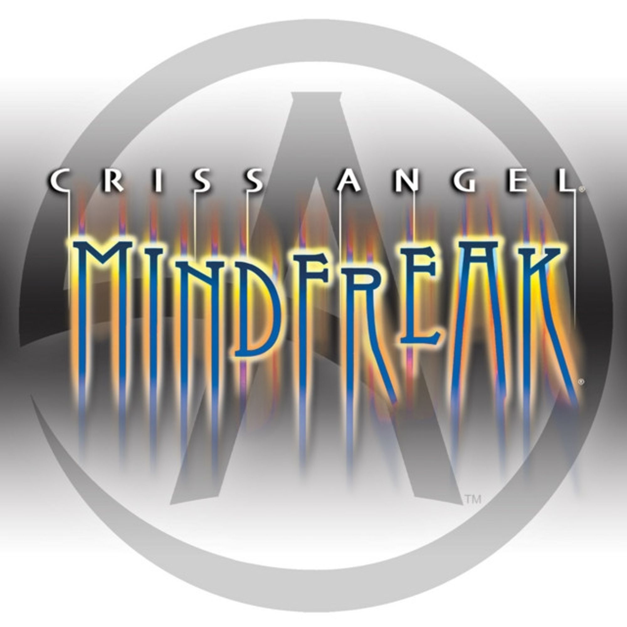 Criss Angel logo (almost like the Obama logo with an A in the middle of it) behind the title card "Criss Angel Mindfreak". Mindfreak is written in contrasting colors of yellow/orange dropshadow and blue font.

The background is gradient of white and black horizontally through the middle.