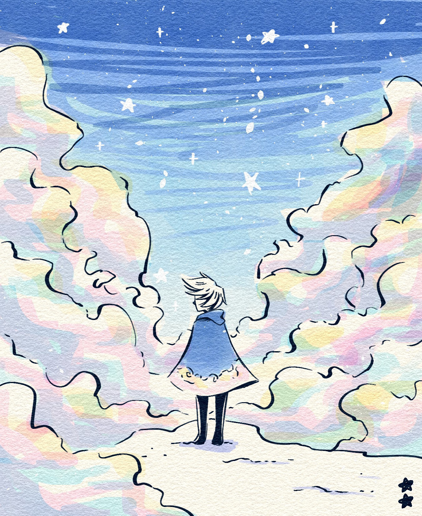 Illustration of a person looking over a cliff, surrounded by fluffy clouds and a starry sky above, the cape they're wearing matches the clouds.