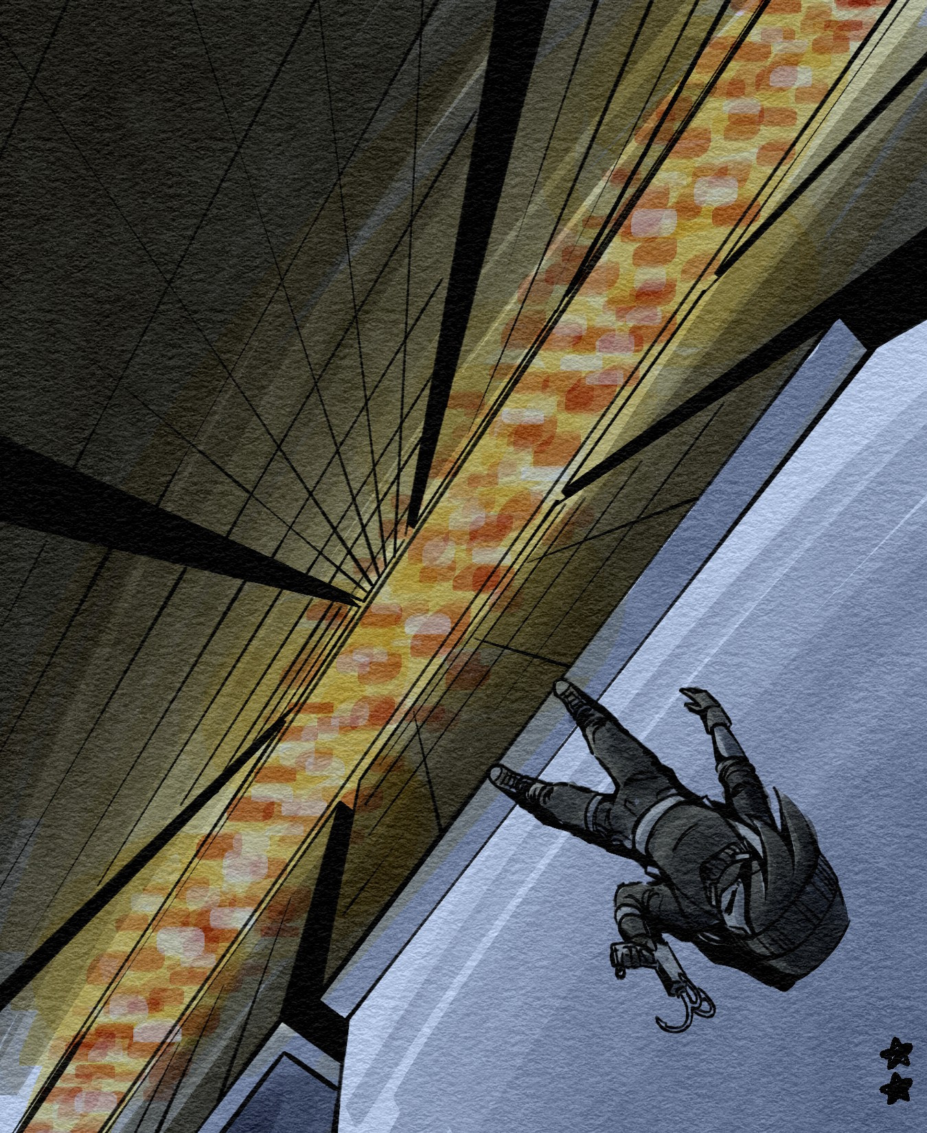 Illustration of a person with a grappling gun in hand standing on a thin ledge on a tall building, the lights from the street below blurred and reflecting off the windows of the surrounding buildings.