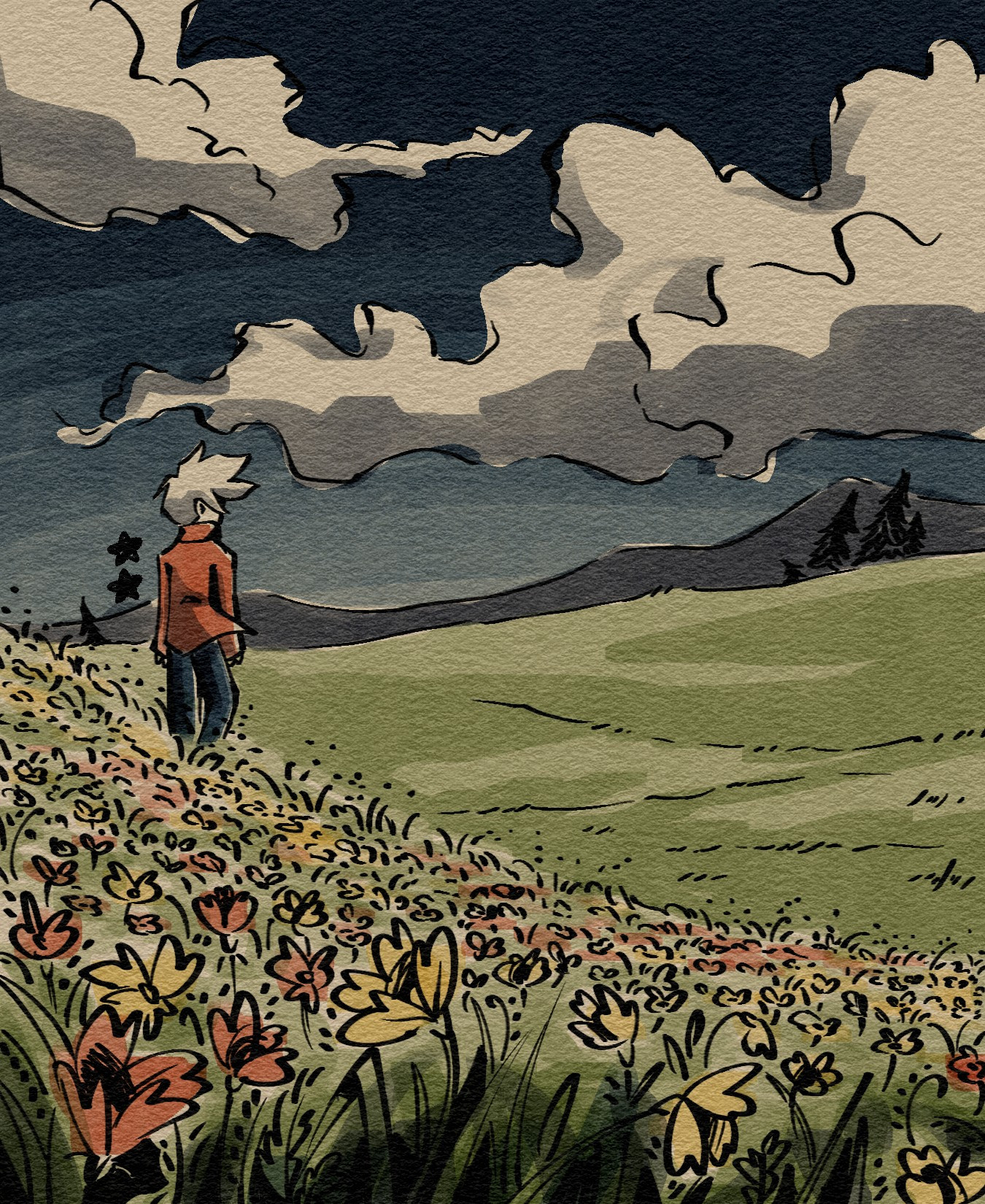 Illustration of a person standing in a field of flowers and looking out into the distance