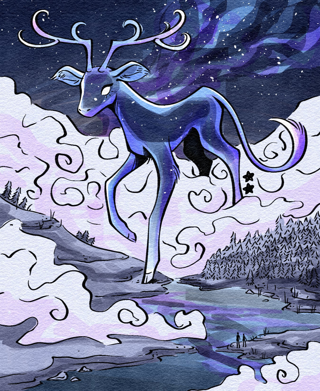 Illustration of a monumental celestial deer emerging from the fog, its starry skin matching the clear night sky. Two miniature human silhouettes stand and stare in awe.