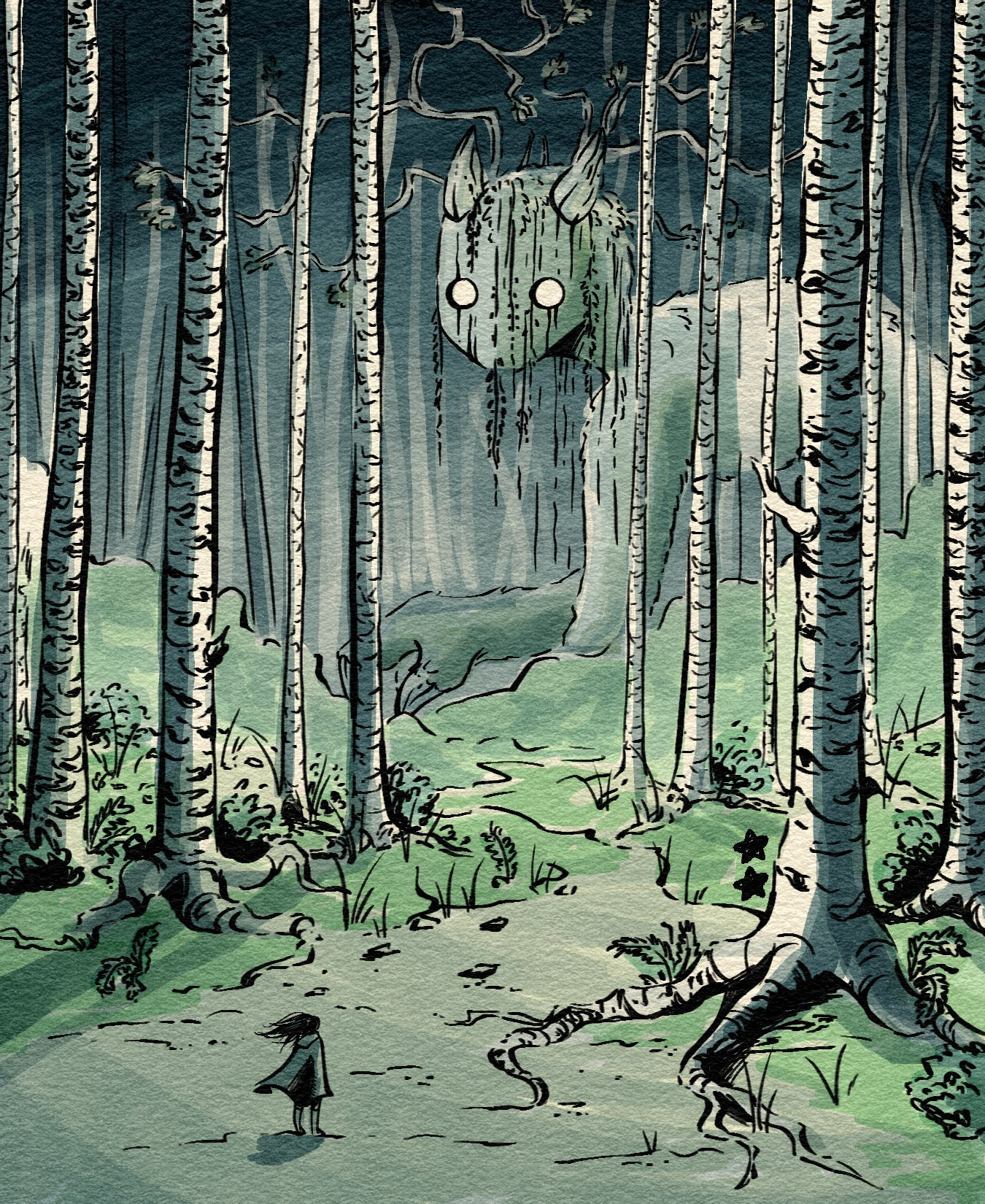 Illustration of person standing in a forest path, the oversized trees appear to have eyes on them. In the distance a giant forest spirit looks in their direction.