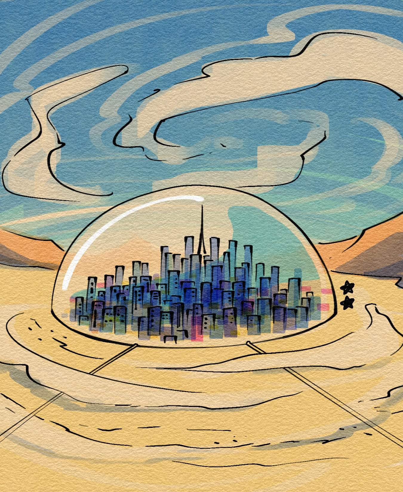 Illustration of a city encased in a clear dome in the middle of the desert.