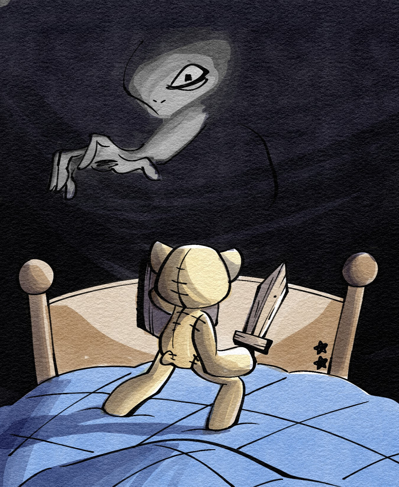 Illustration of a teddy bear with a wooden sword and shield guarding the bed against a creature in the shadows