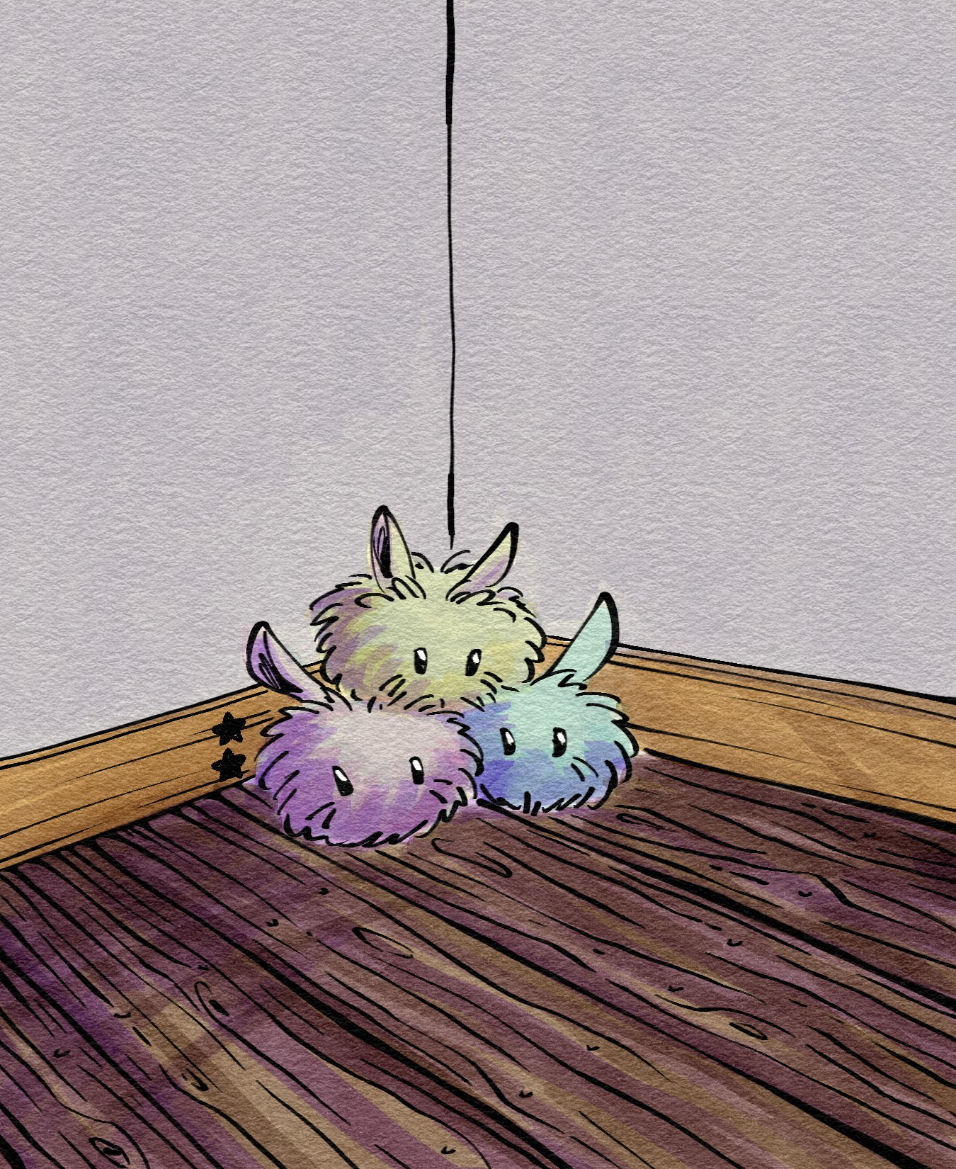 Illustration of a pile of fuzzy creatures with bunny ears in the corner of a wooden floor