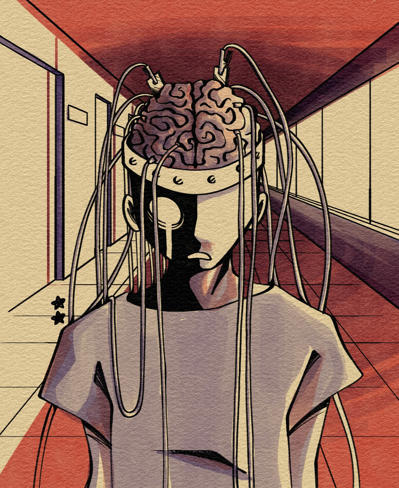 Illustration of a person wearing a hospital gown. Their skull has been opened to expose the brain, and there are wires coming out of it.