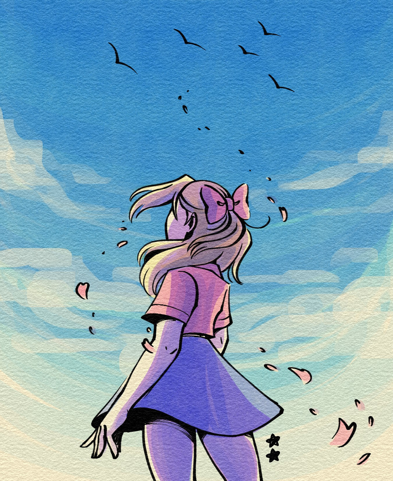 Illustration of a girl looking up at the blue sky, flower petals fly around her.