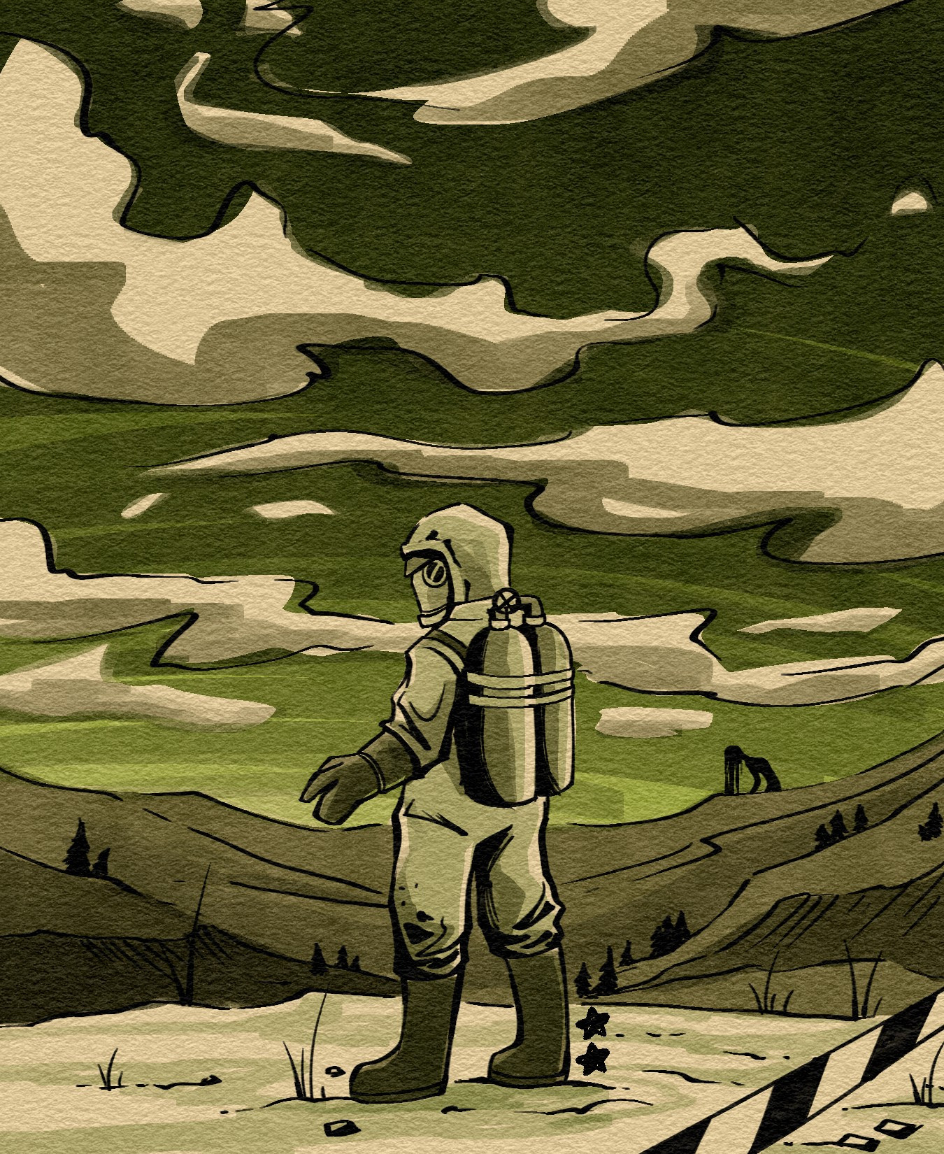 Illustration of a person in a vintage hazmat suit looking out at a toxic green-tinted landscape. In the background the silhouette of the giant humanoid creature from day 5 is seen