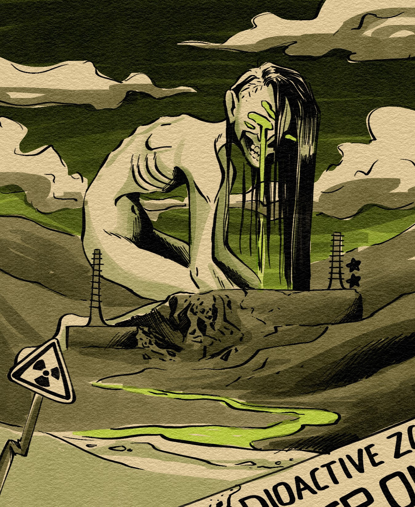 Illustration of a giant humanoid entity with emaciated features emerging from behind a partially destroyed nuclear powerplant. In the foreground radioactive warning signs are visible.