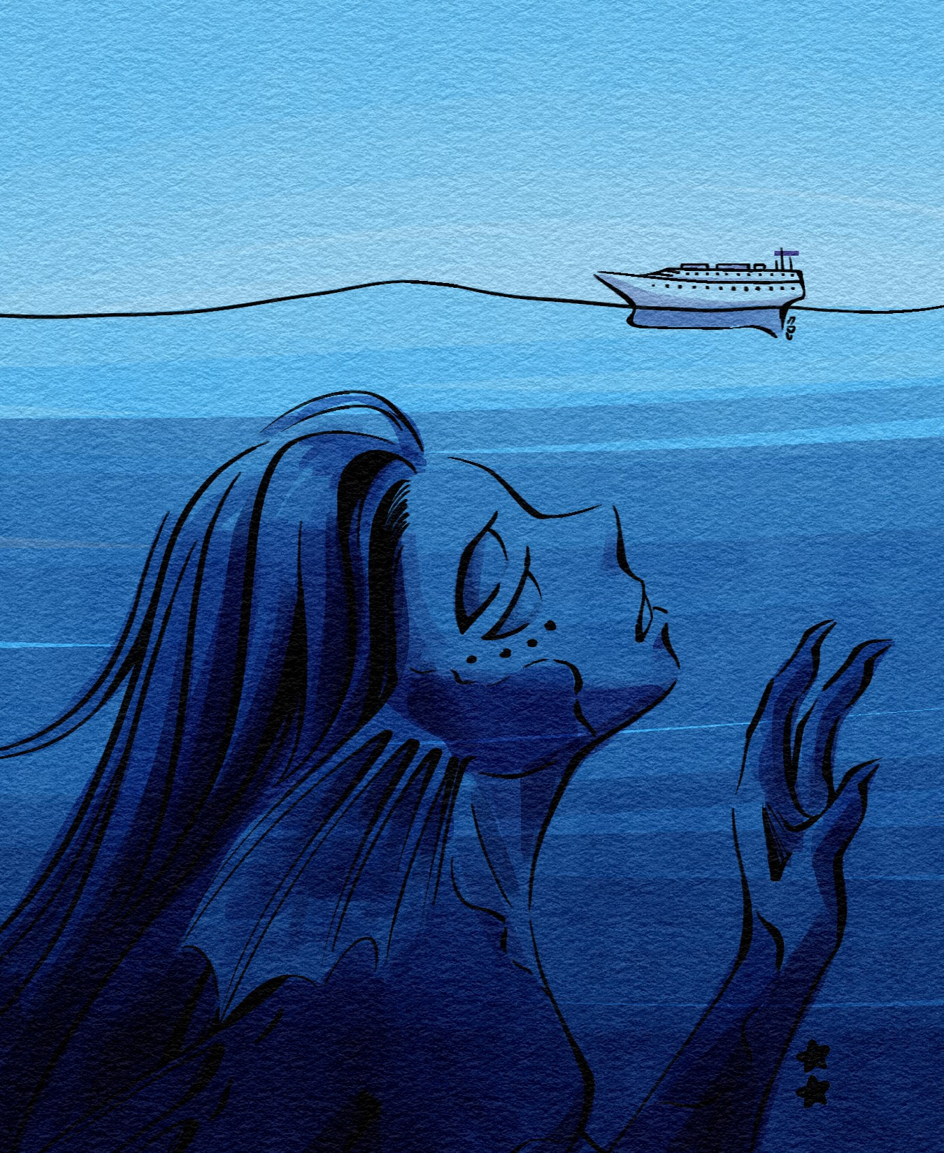 Illustration of a giant mermaid staring with curiosity at a ship on the surface of the water. The ship looks tiny by comparison.