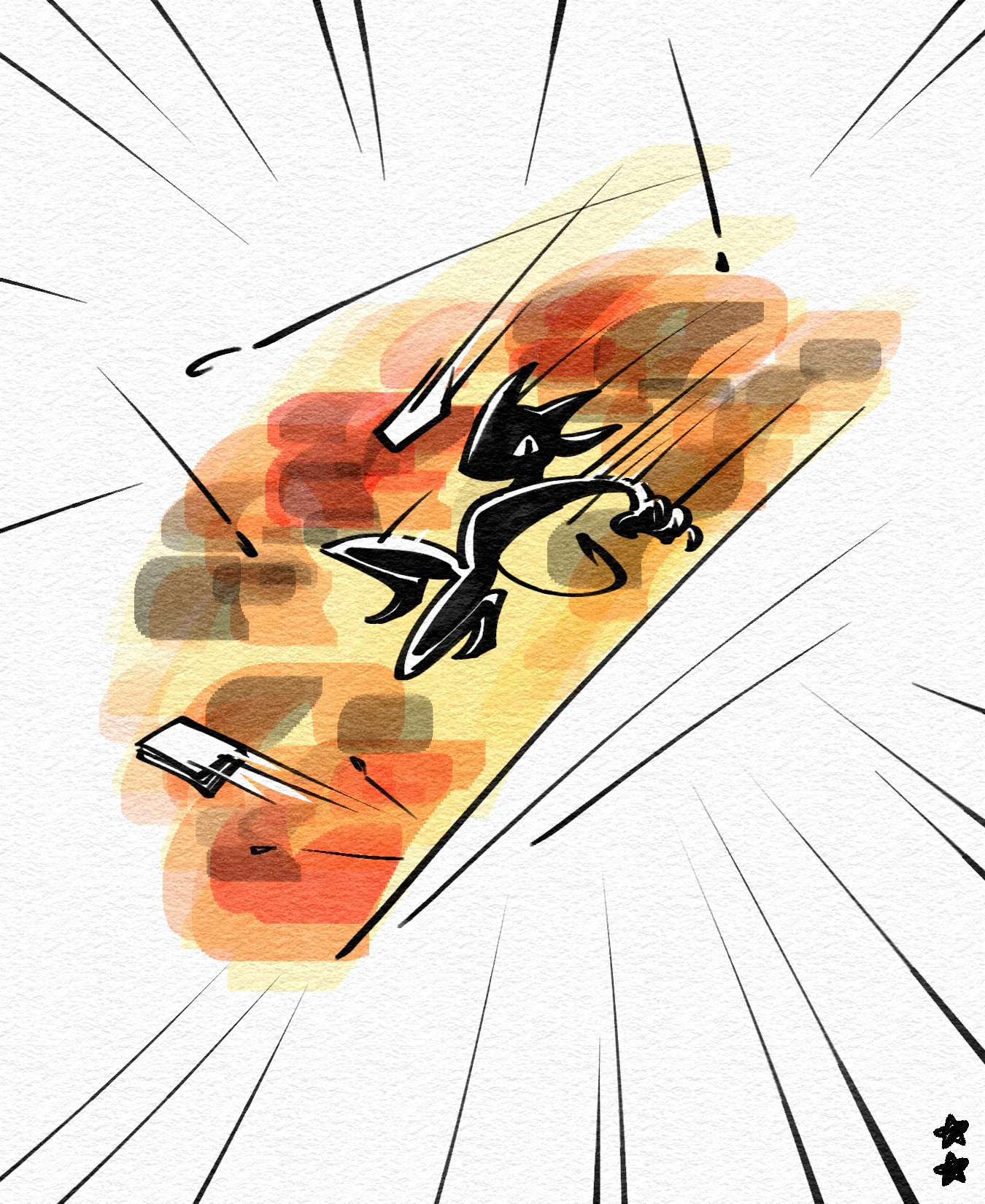 Digital illustration of a small black demon character in mid-air, with various objects flying around them and an explosion in the background