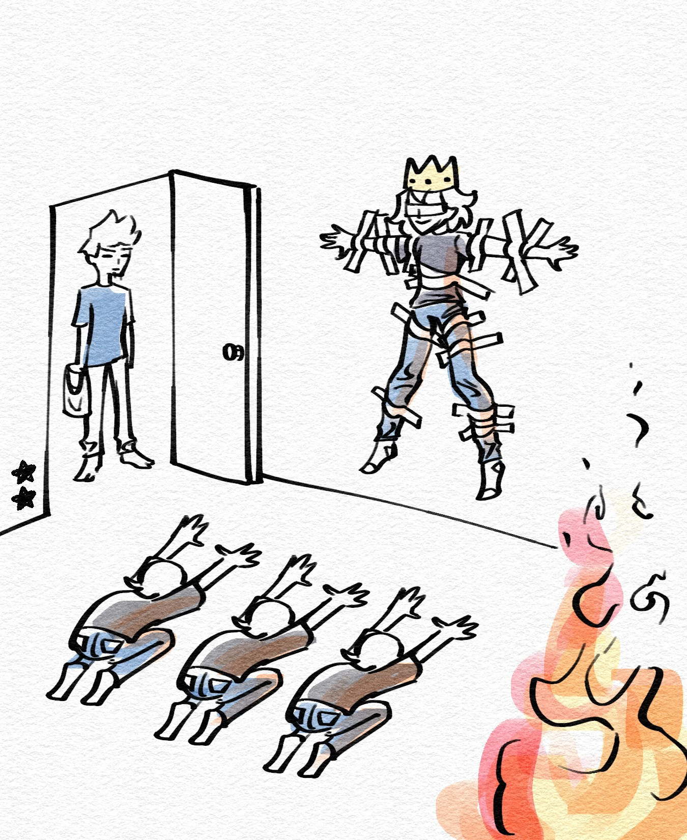 Illustration of a character taped to a wall with a yellow crown on their head. Three more characters are kneeling on the floor, and a fifth person stands at the door with a plastic bag in their hand and a blank expression on their face. In the corner something is on fire.