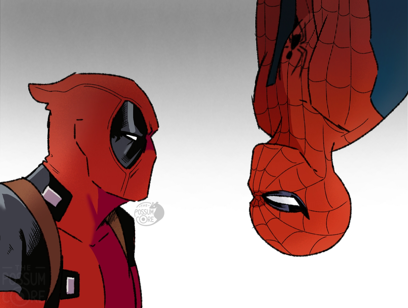 An illustration of Deadpool and Spider-Man. Spider-Man is upside down and they're both looking at each other angrily