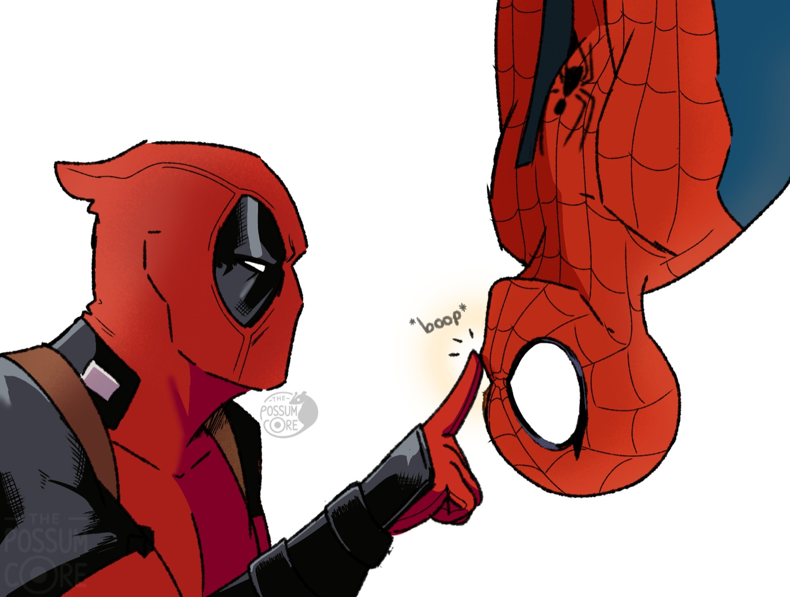 Deadpool boops Spider-Man in the nose. Spider-Man looks surprised. Deadpool's expression doesn't change.