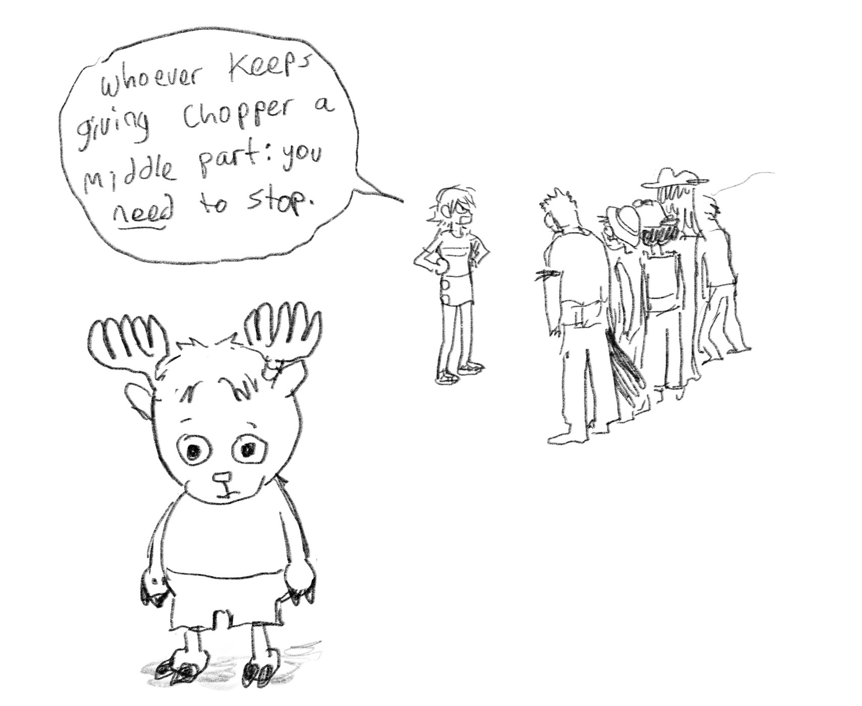 one piece fan comic; chopper is standing off to the side staring blankly into space. behind him, nami addresses the straw hats all pissed off, saying, “whoever keeps giving chopper a middle part: you NEED to stop.”