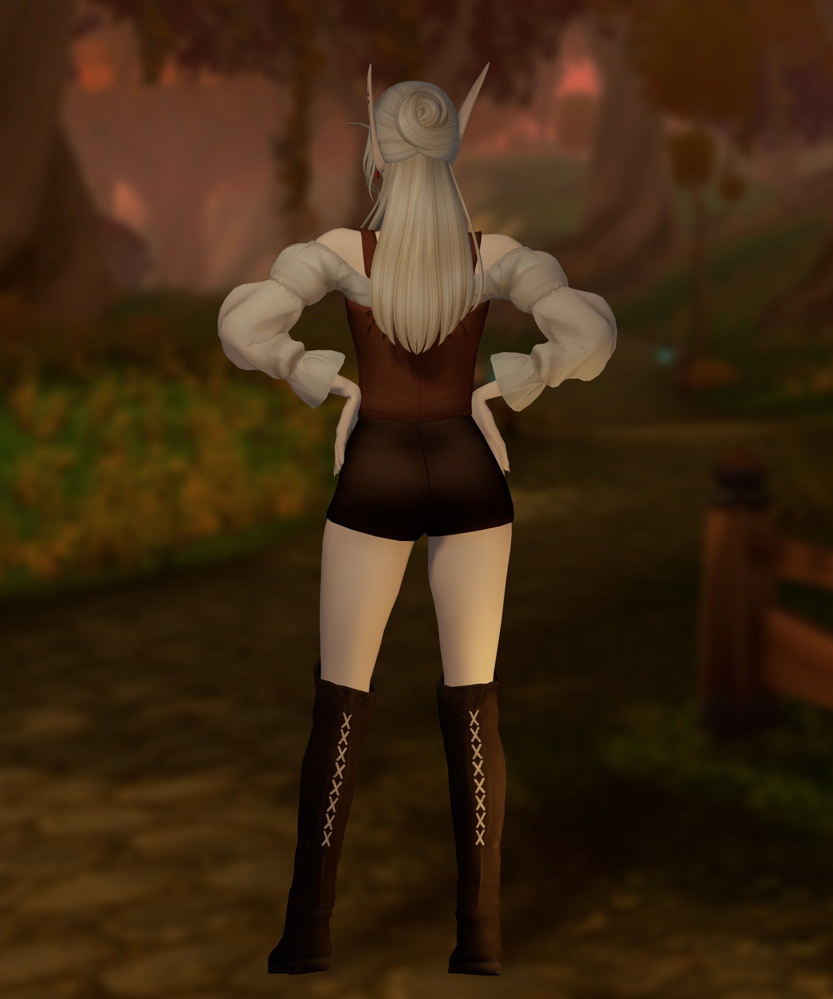 A character is standing with her back facing the viewer. She has long, light-colored hair styled into a large bun, with pointed elf-like ears. She’s wearing a brown corset top with puffy white sleeves, short dark pants, and knee-high boots. The background is a soft forest scene, with trees and pathways.