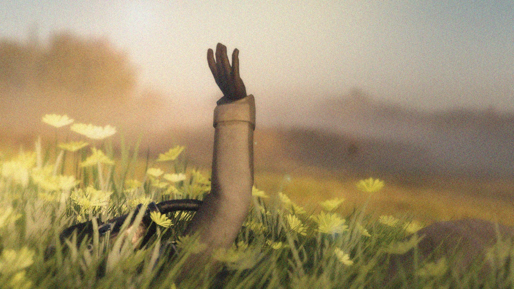 In the image, a lone hand is reaching up from a field of tall grass and yellow flowers. The hand is covered by a long sleeve, suggesting the person is lying down or possibly fallen. The scene is bathed in soft, warm sunlight with a misty, blurred background, giving the image a dreamy, serene, or melancholic atmosphere. The focus is on the hand and the surrounding flowers, with everything else fading gently into the distance.