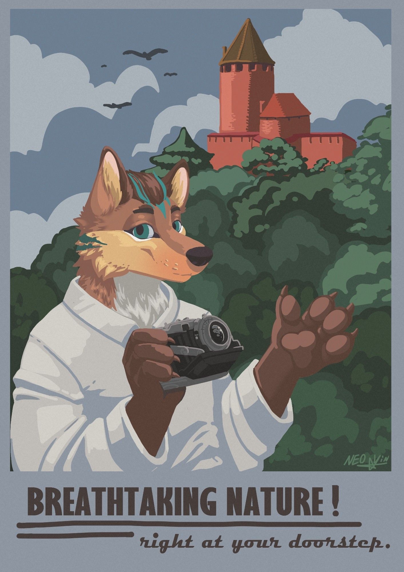 A picture of an anthropomorphic coyte, styled as a mid-century travel advertisement poster.
Location for the background is Turaida castle in Latvia.