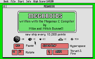 The title screen for Megaroids on the Atari ST.