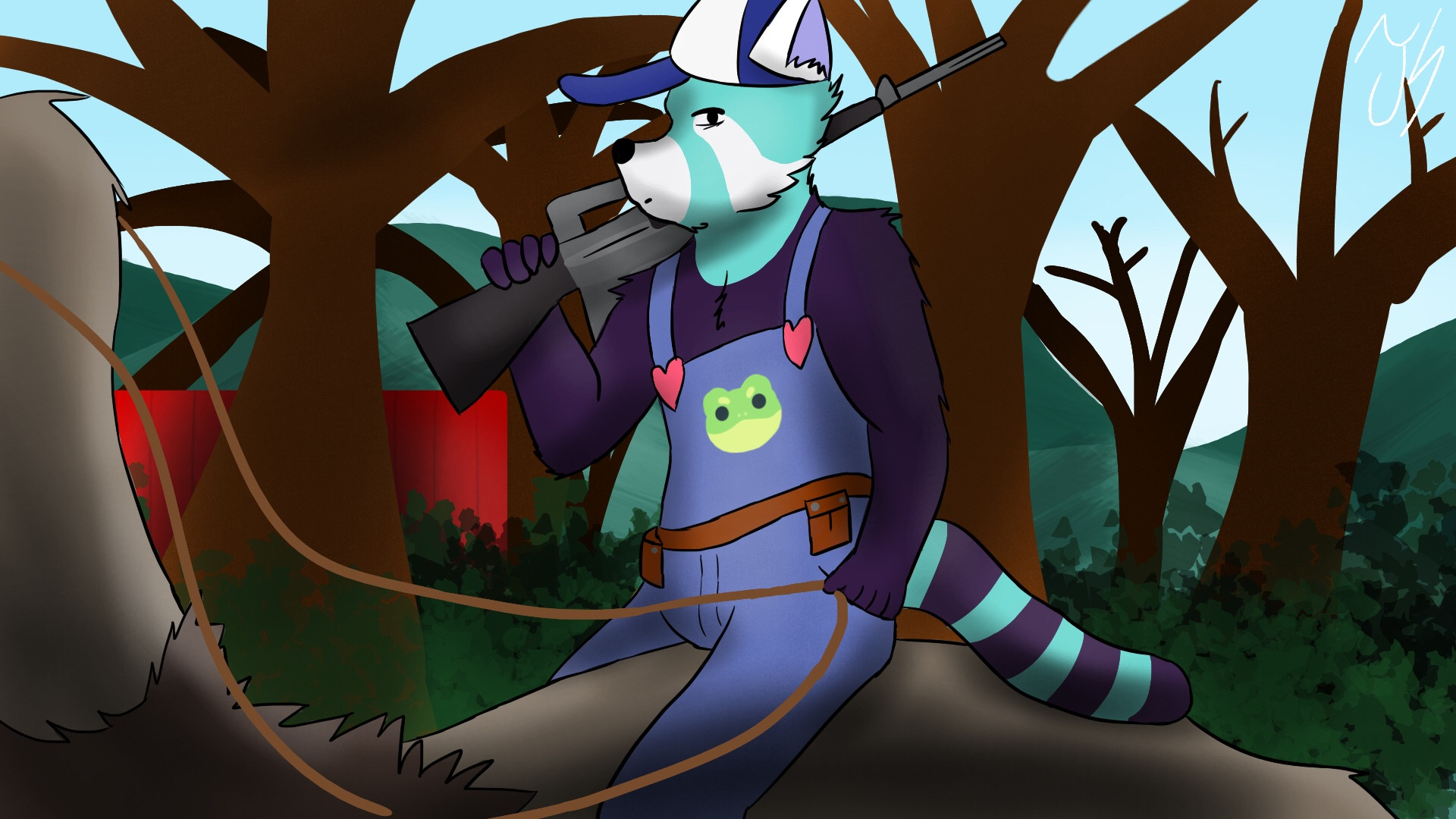 A Blueberry red panda with an M16 riding an Emu stares down at you intimidatingly while traveling thru the woods.